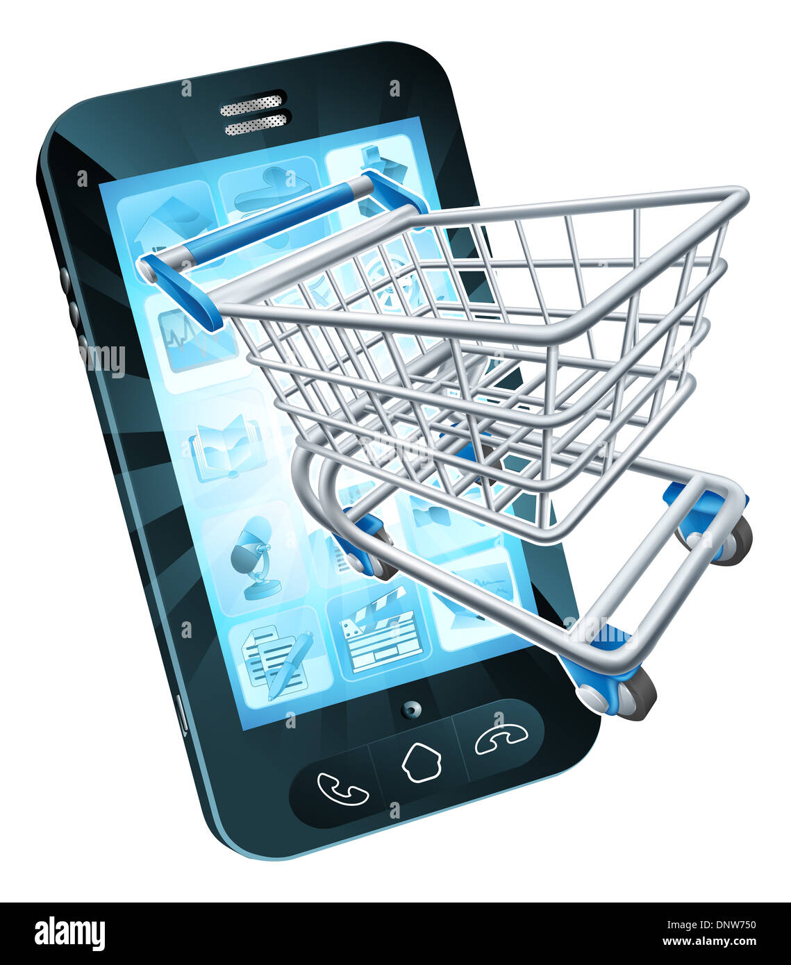 Téléphone mobile avec panier flying out, concept pour le shopping en ligne ou pour les applications ou téléphone mobile Banque D'Images