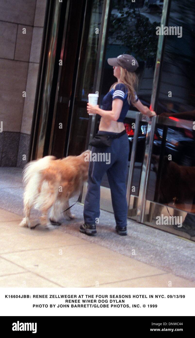 13 septembre 1999 - K16604JBB : RENEE ZELLWEGER AU FOUR SEASONS HOTEL À NEW YORK. 09/13/99.RENEE W/ son chien Dylan. JOHN BARRETT/(1999 Image : © Crédit Photos Globe/ZUMAPRESS.com) Banque D'Images