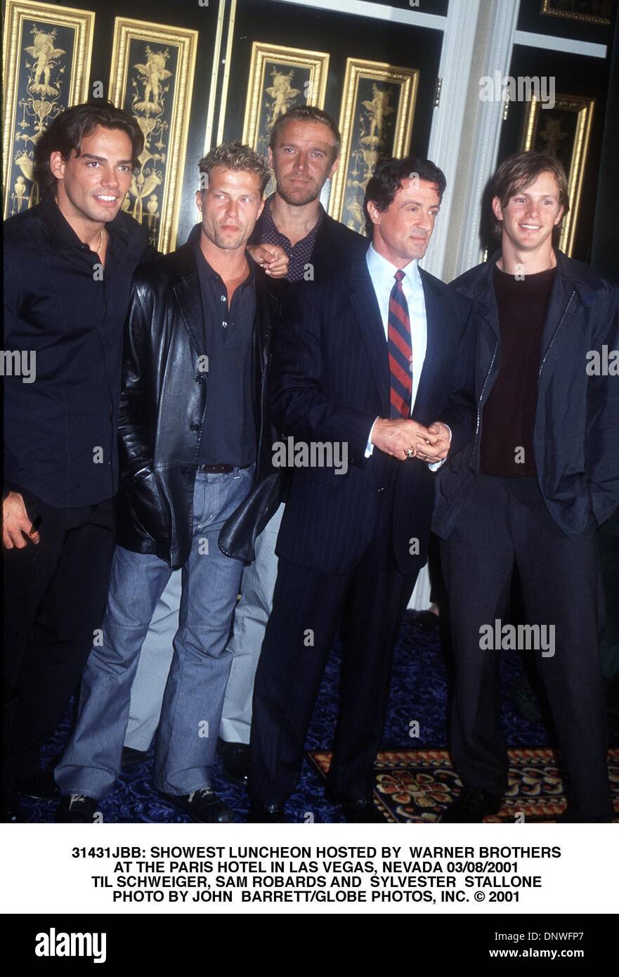 8 mars 2001 - 31431JBB : SHOWEST déjeuner organisé par Warner Brothers.À L'HÔTEL DE PARIS À LAS VEGAS (NEVADA) 03/08/2001 Til Schweiger., SAM ROBARDS ET Sylvester Stallone. JOHN BARRETT/(2001 Image : © Crédit Photos Globe/ZUMAPRESS.com) Banque D'Images
