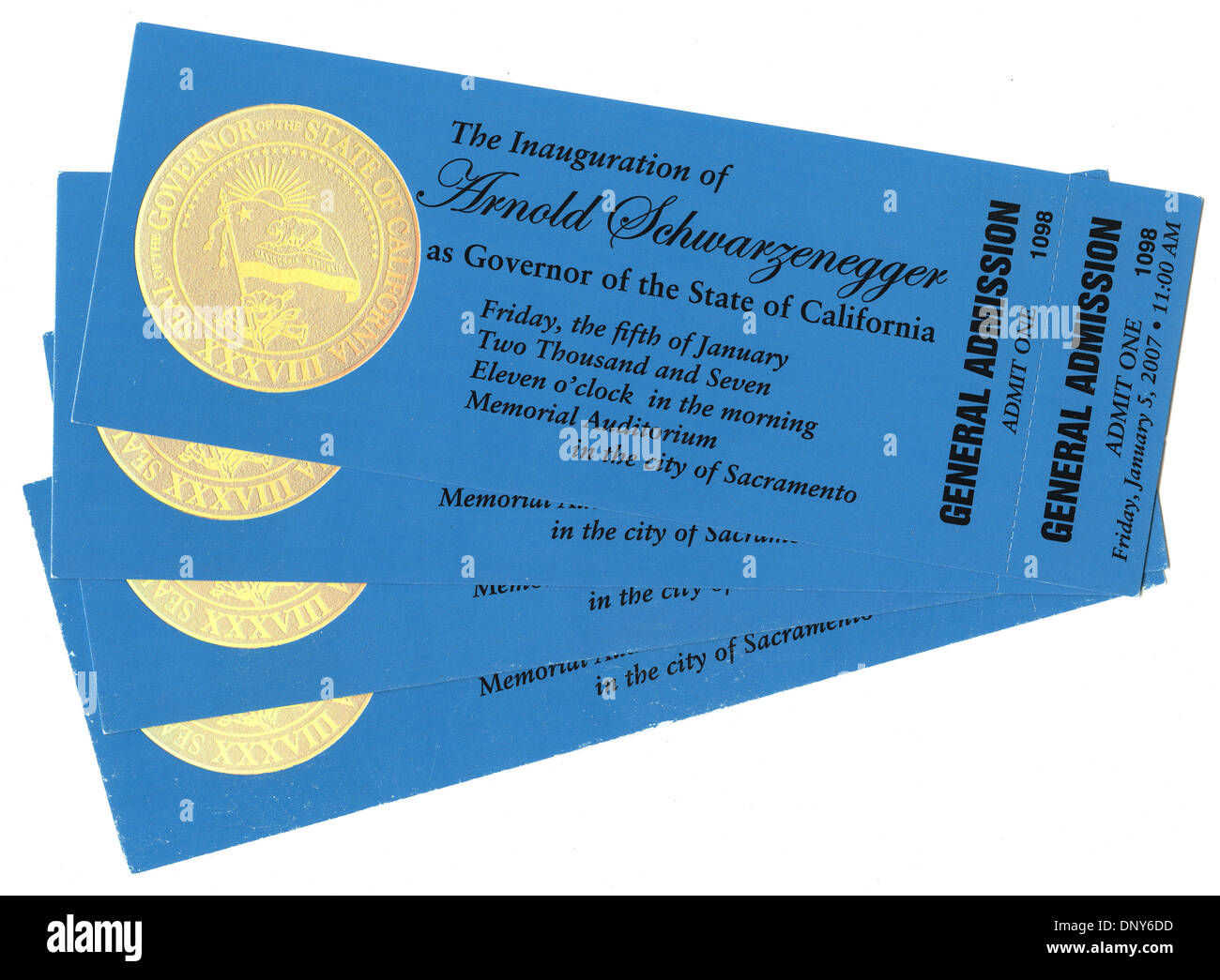 Quatre billets pour l'Inauguration du gouverneur de la Californie Arnold Schwarzenegger, le 5 janvier 2007 Banque D'Images