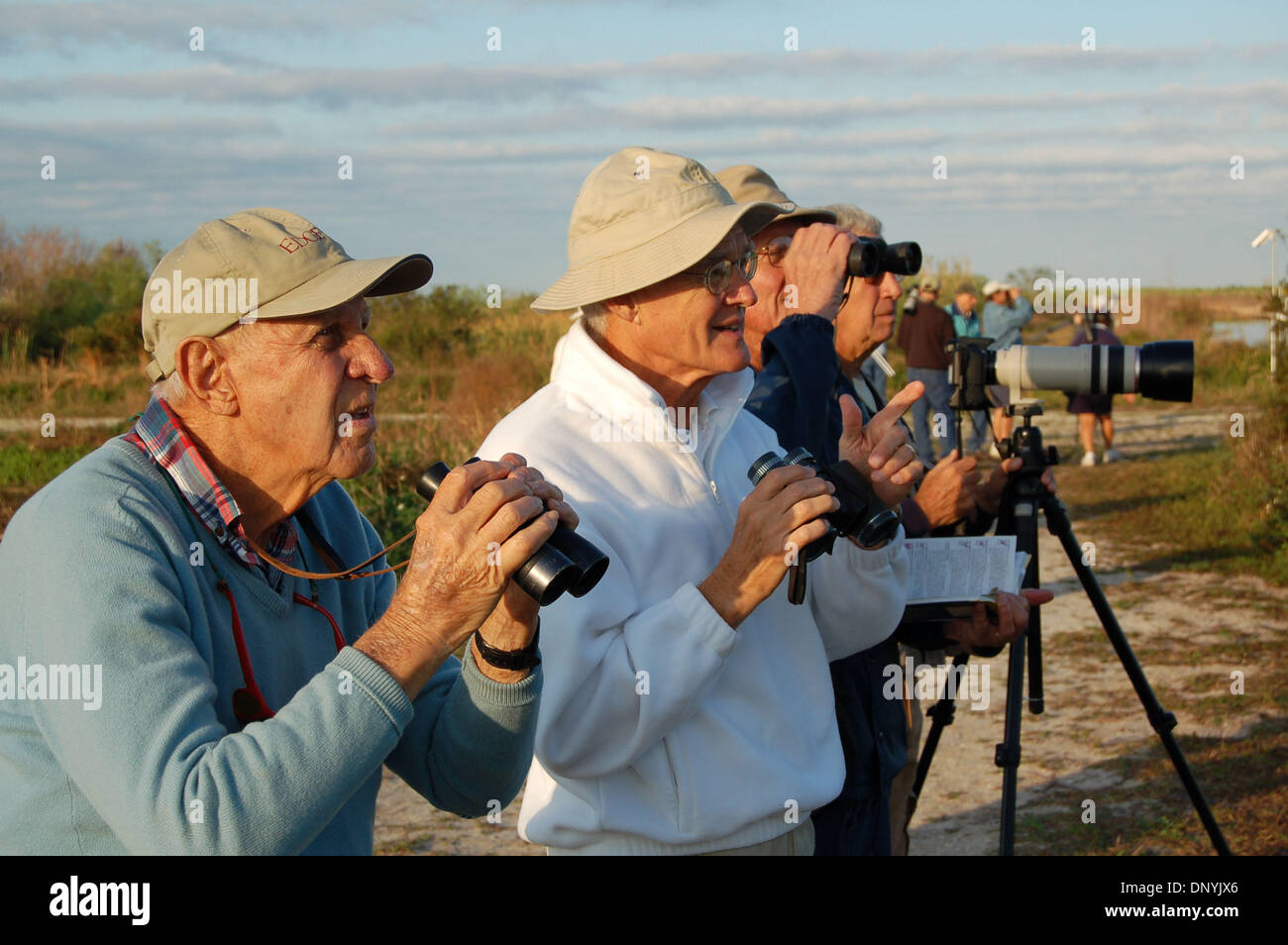 Feb 01, 2006 ; West Palm Beach, FL, USA ; les observateurs d'oiseaux de tenter d'identifier un oiseau lointain au cours d'une visite guidée à pied d'oiseaux sur la piste des marais au Wellington National Wildlife Refuge au comté de Palm Beach. Le refuge est un des endroits d'observation proposé 116 répertoriées dans le sud de la Floride de la Grande Florida Birding Trail. Crédit obligatoire : Photo par Willie Howard/Palm Beach Post /ZUMA Prés Banque D'Images