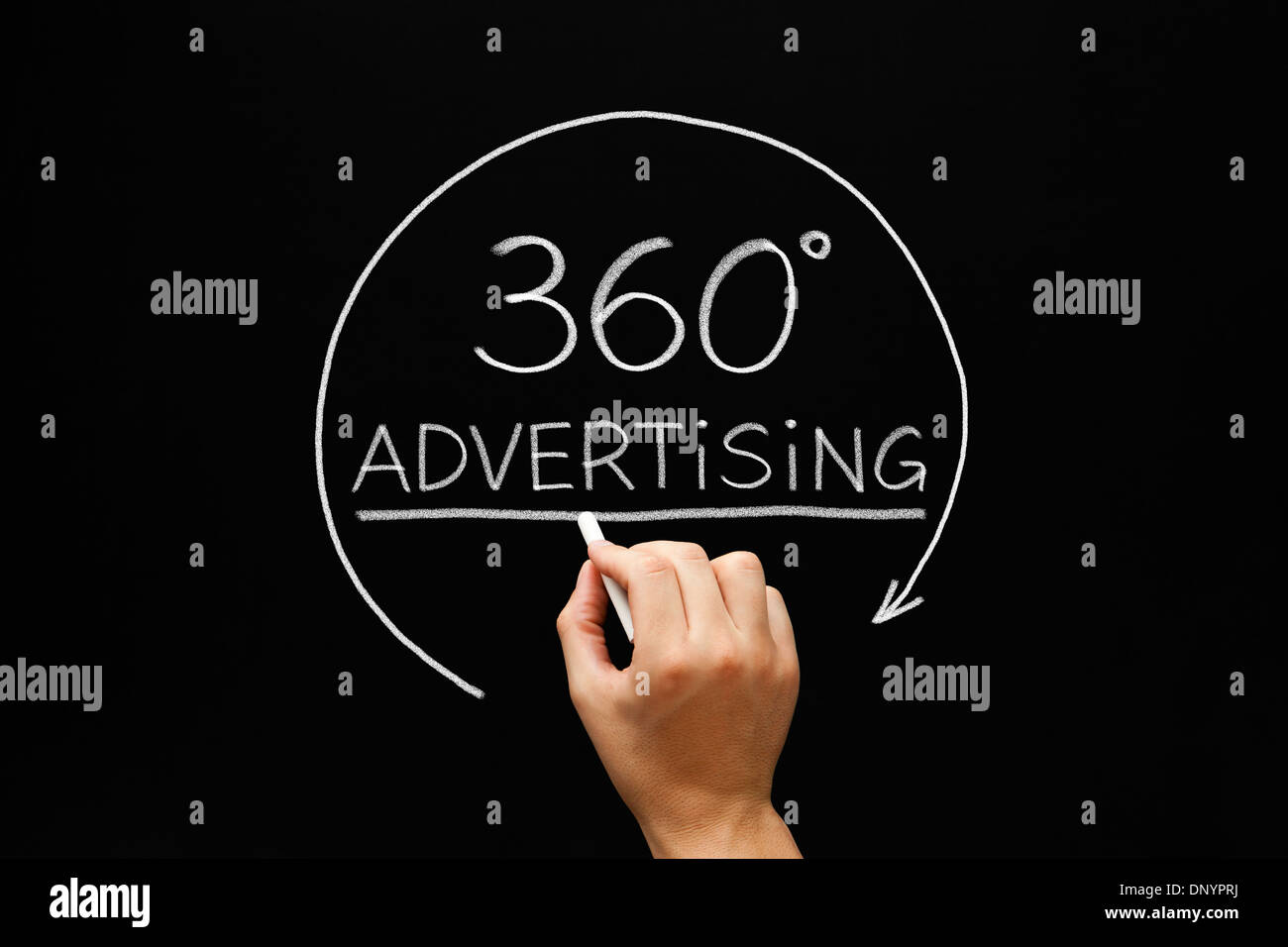 Croquis à main concept publicitaire de 360 degrés avec craie blanche sur un tableau noir. Banque D'Images