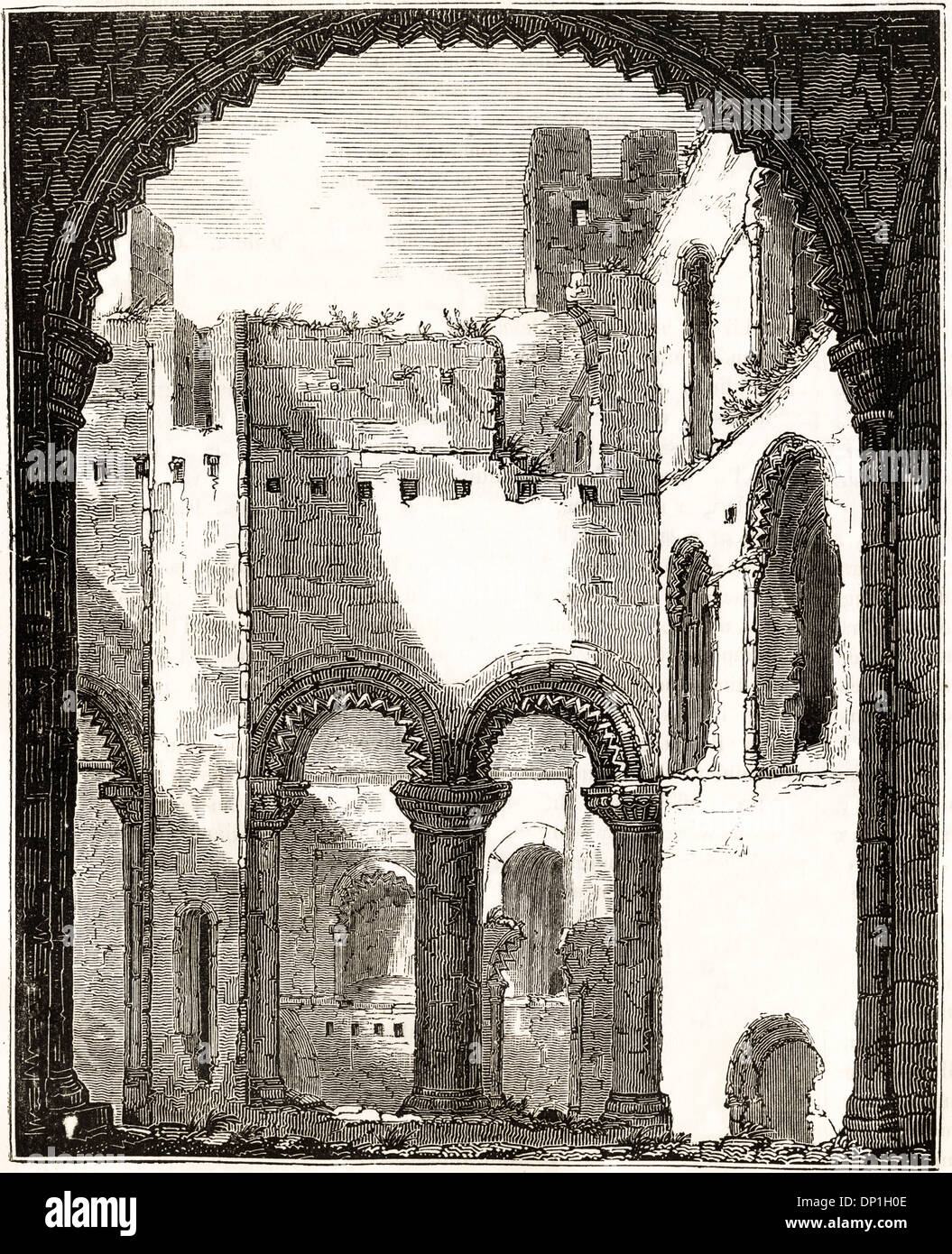 Reste de l'intérieur de l'étage supérieur du château de Rochester Kent England UK. Circa 1845 gravure sur bois de l'époque victorienne. Banque D'Images