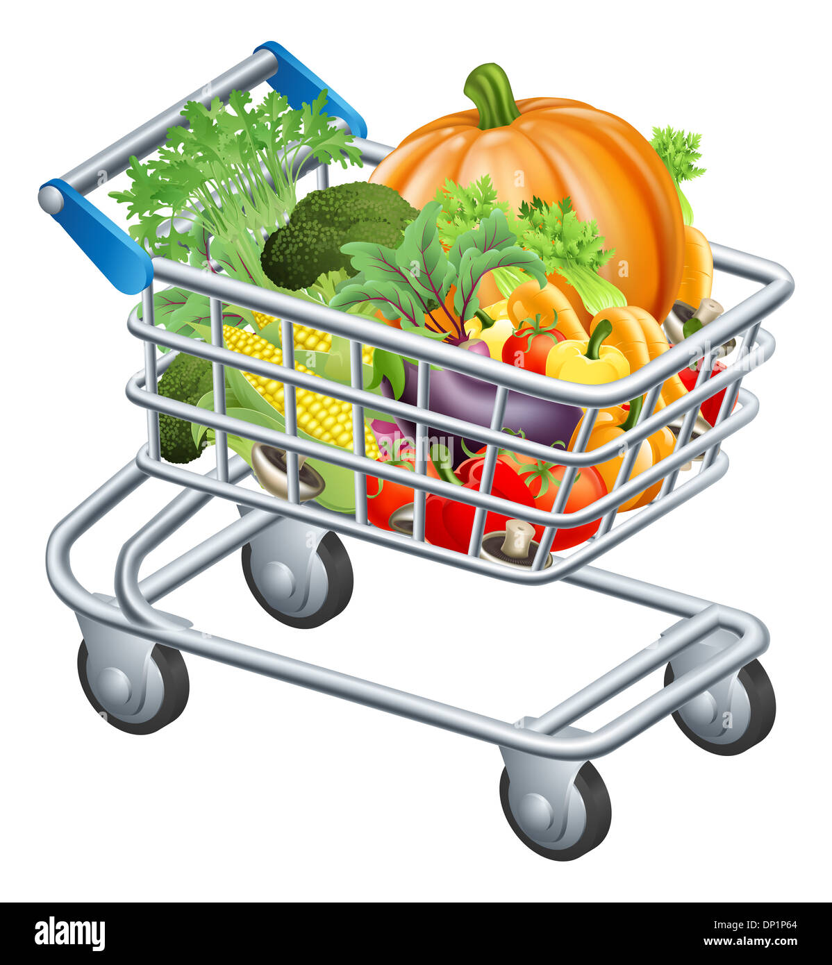 Une illustration d'un chariot de supermarché ou chariot plein de frais sain matières d'épicerie, fruits et légumes Banque D'Images