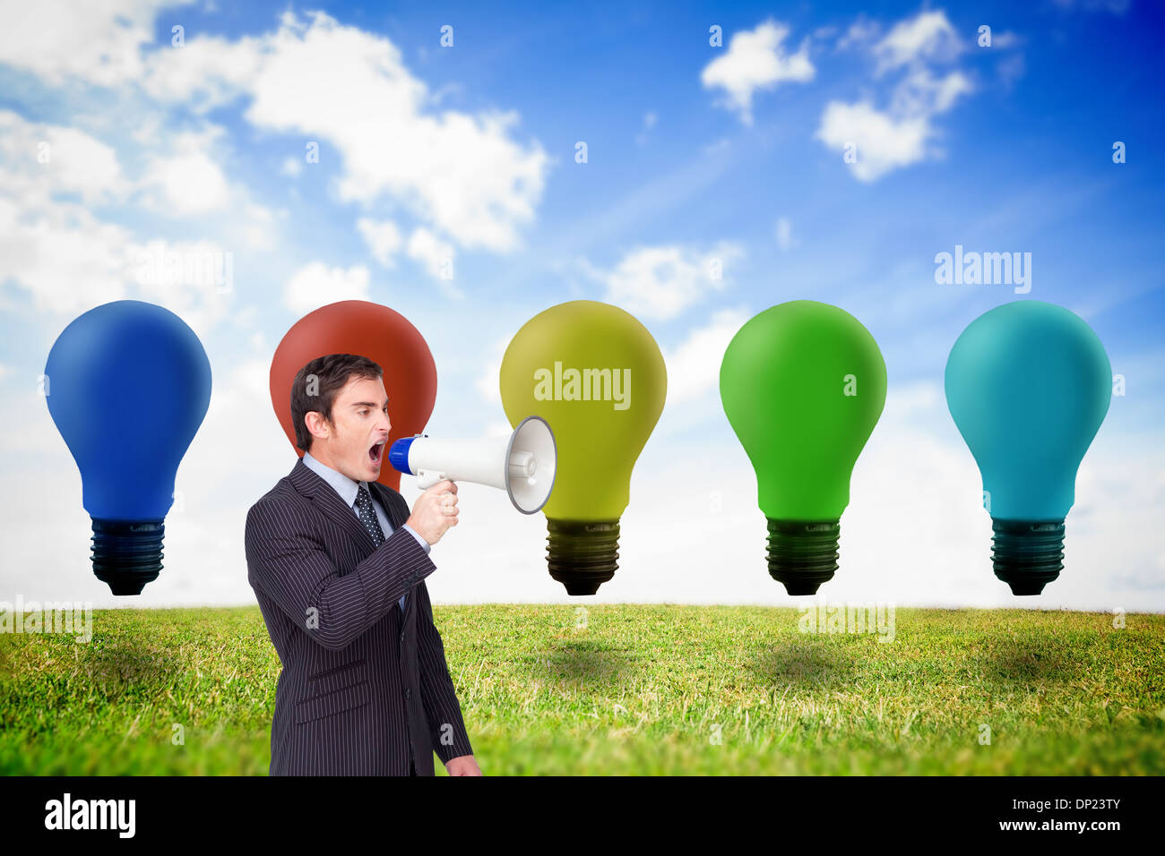 Image composite de standing businessman shouting through a megaphone Banque D'Images