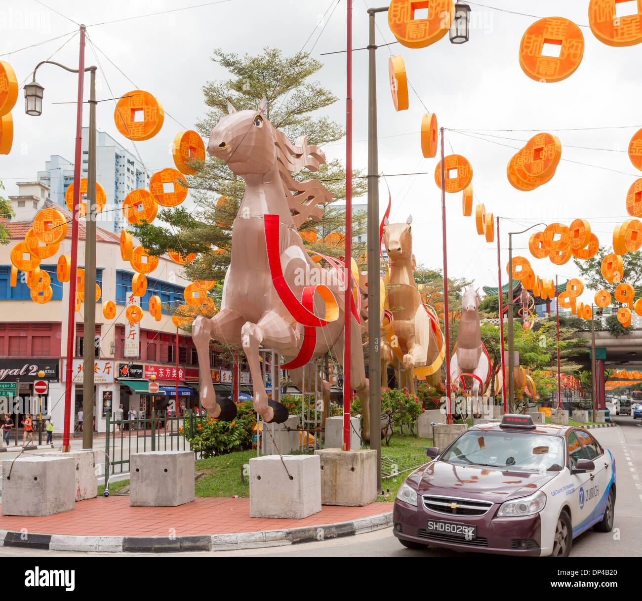 Année du cheval, des décorations du Nouvel An chinois dans Chinatown, Singapour Banque D'Images