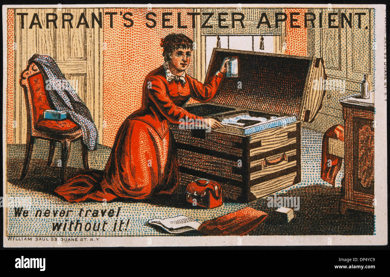 Femme tronc d'emballage, de Tarrant Seltzer, laxative Vintage Trade Card, vers 1900 Banque D'Images