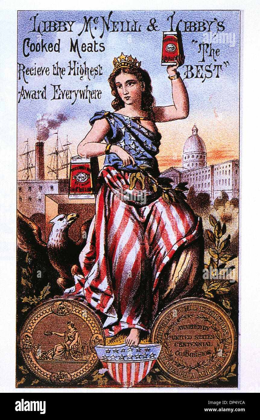 Femme drapée de drapeau américain, Libby McNeill & Libby's viande cuite, Vintage Trade Card, vers 1880 Banque D'Images