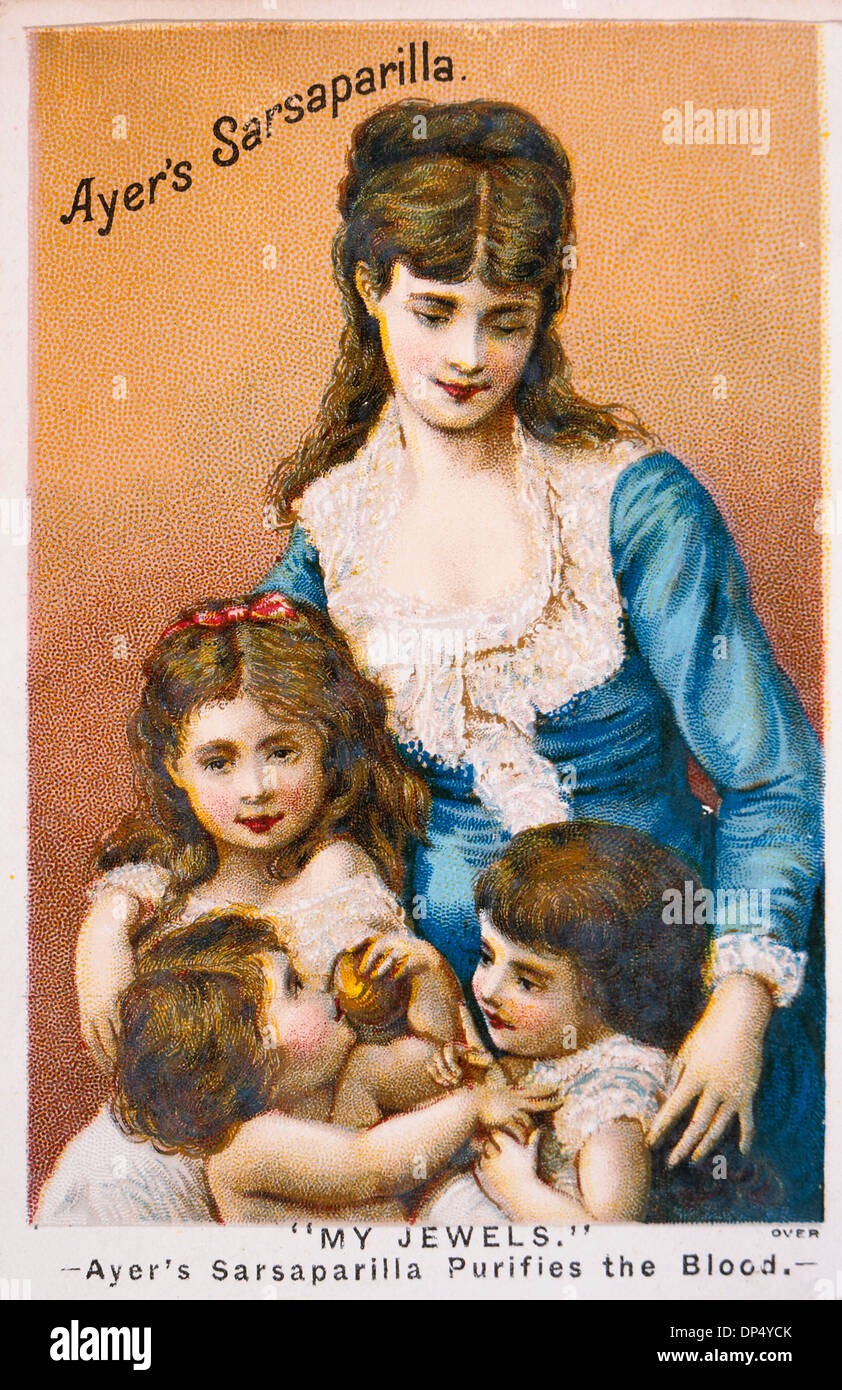 Mère avec des enfants, la salsepareille, Ayer's Vintage Trade Card, vers 1900 Banque D'Images