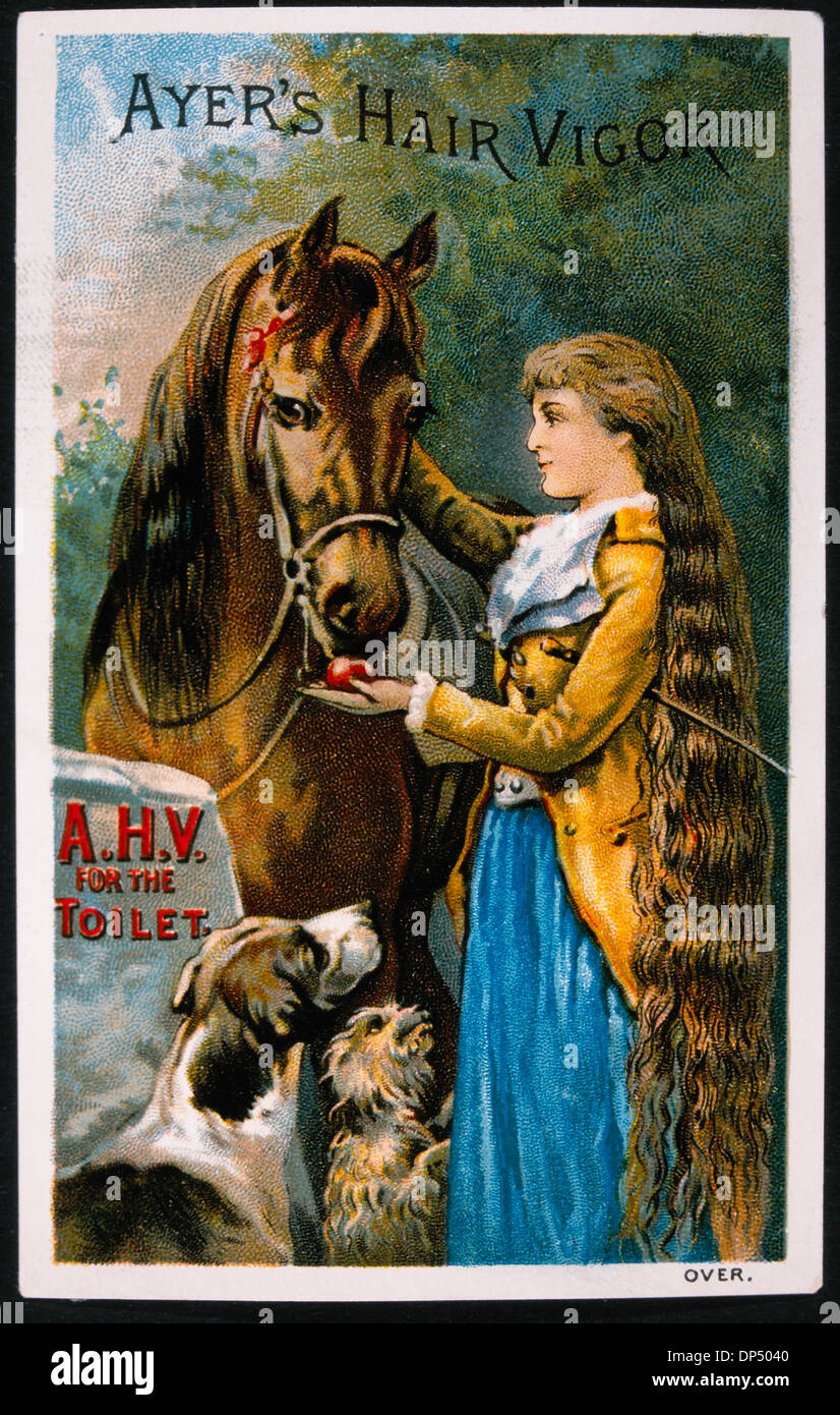 Femme avec cheval et chiens, de vigueur, d'Ayer's Hair Trade Card, vers 1900 Banque D'Images