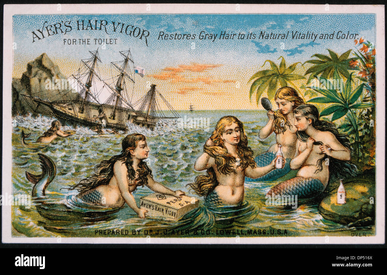 La récupération des sirènes les boîtes du bateau qui coule, les cheveux d'Ayer de vigueur, Vintage Trade Card, vers 1900 Banque D'Images