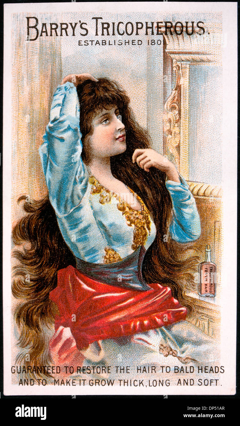 Femme aux cheveux longs, Portrait, Barry's, Tricopherous Vintage Trade Card, 1900 Banque D'Images