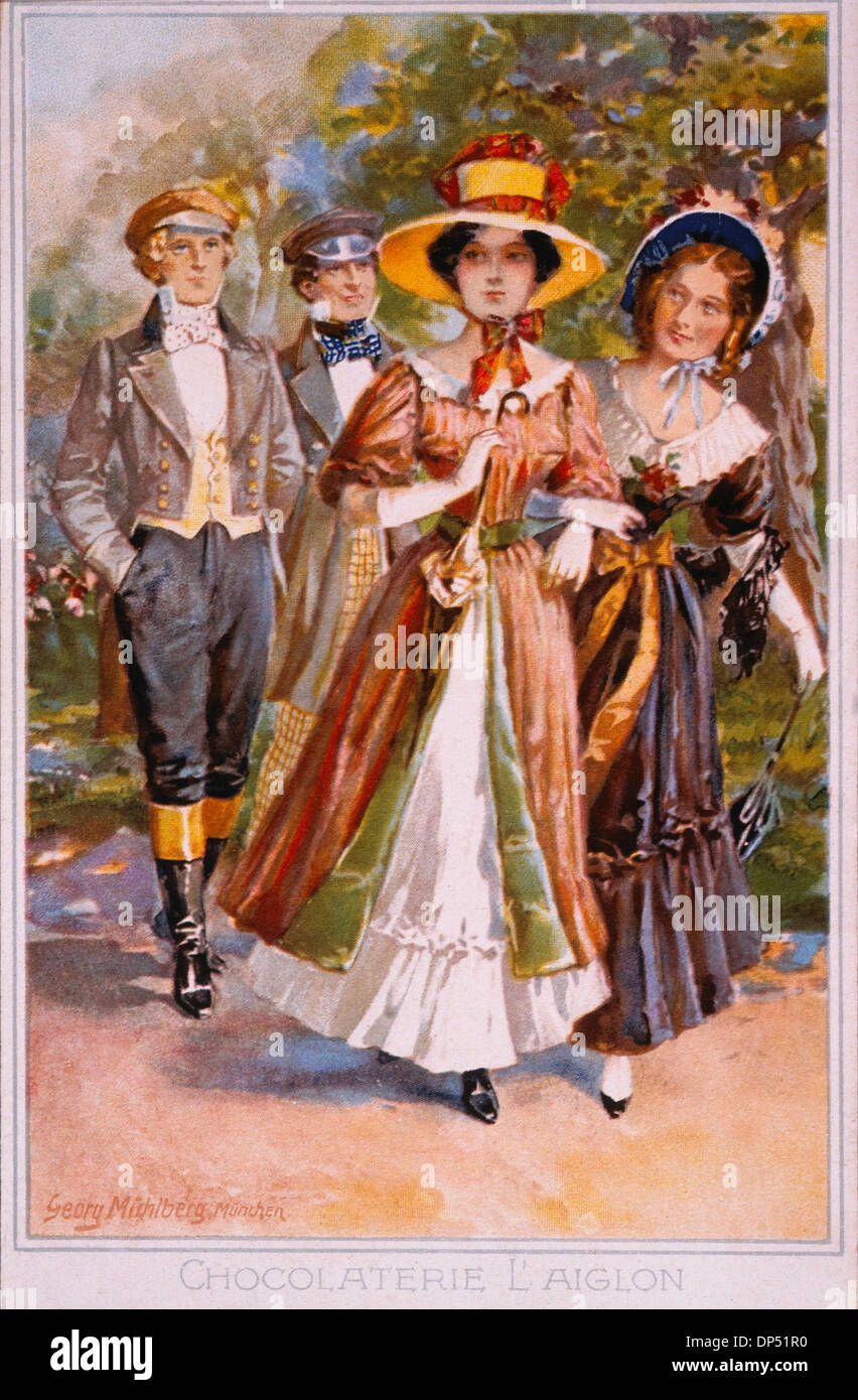 Deux couples Walking in Park, Chocolaterie L'Aiglon, Vintage Trade Card, Munich, Allemagne, vers 1900 Banque D'Images
