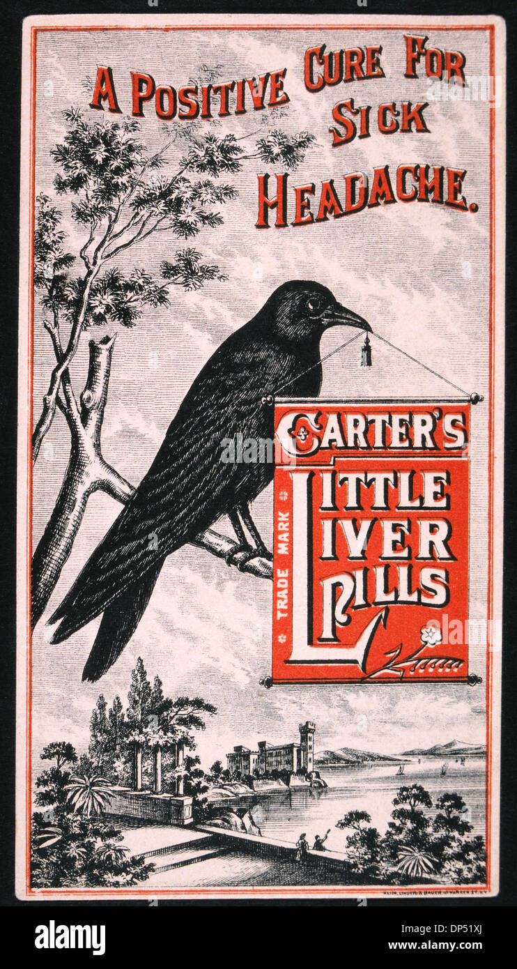 Direction générale de l'oiseau sur Holding Sign, Carter's Little Foie Comprimés, Vintage Trade Card, vers 1900 Banque D'Images