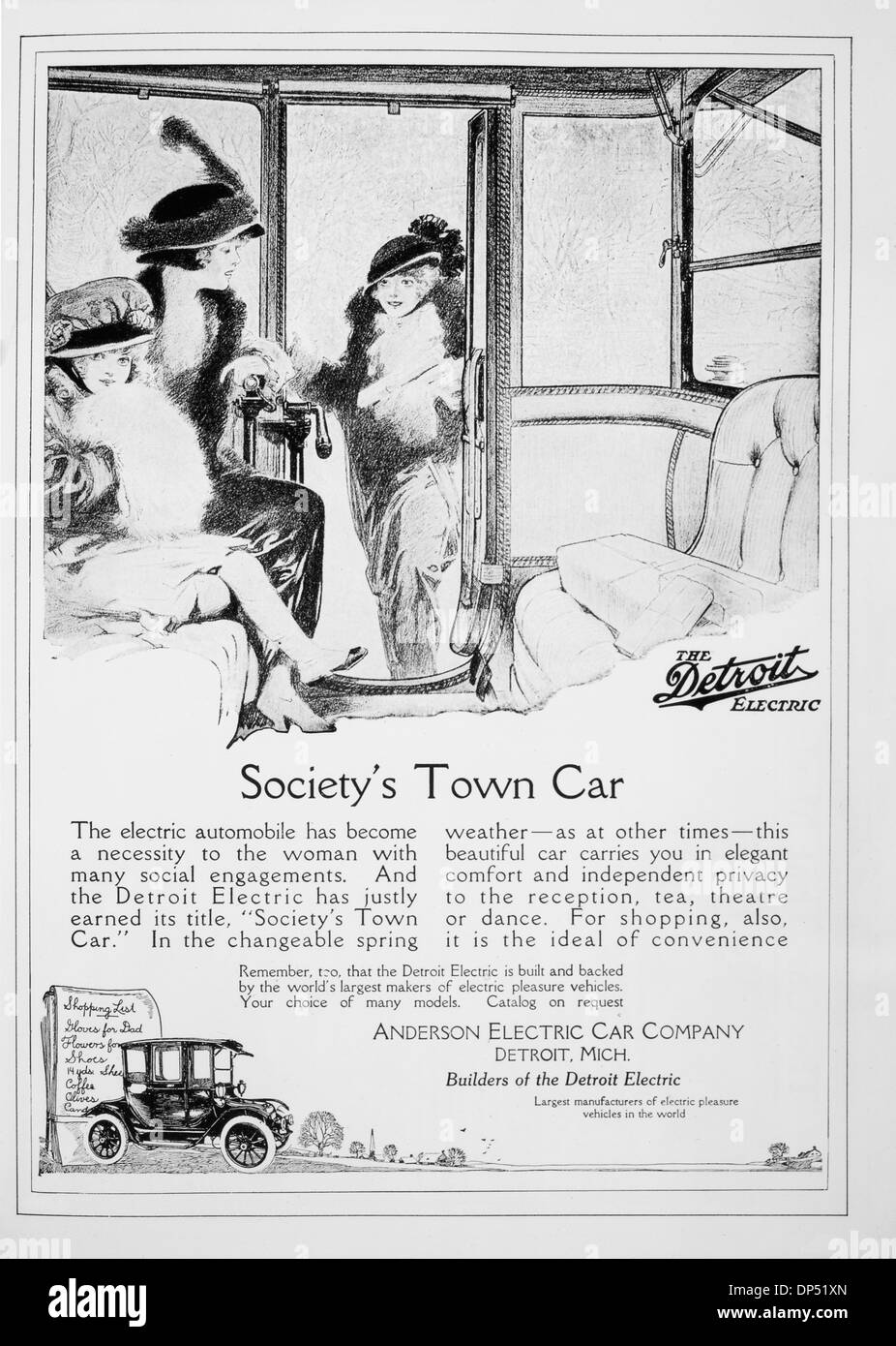 Publicité vintage pour Detroit Electric Automobile, voiture électrique Anderson Company, 1914 Banque D'Images