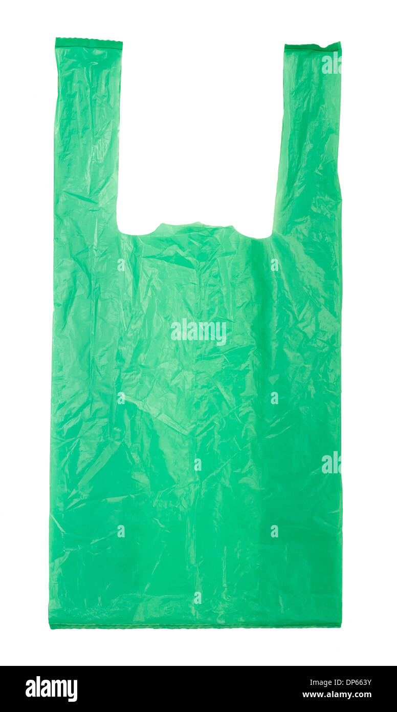 Sac en plastique vert isolé sur fond blanc Banque D'Images