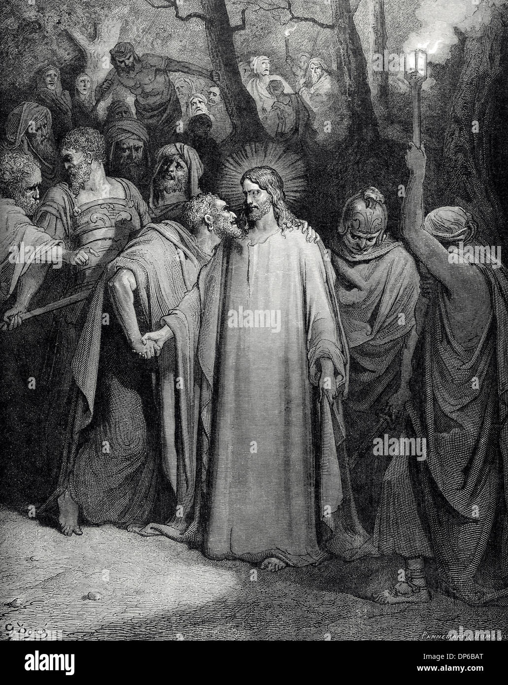 Judas Iscariot. Le baiser de Judas Jésus afin de le trahir à la garde. Gravure par Dore. Banque D'Images