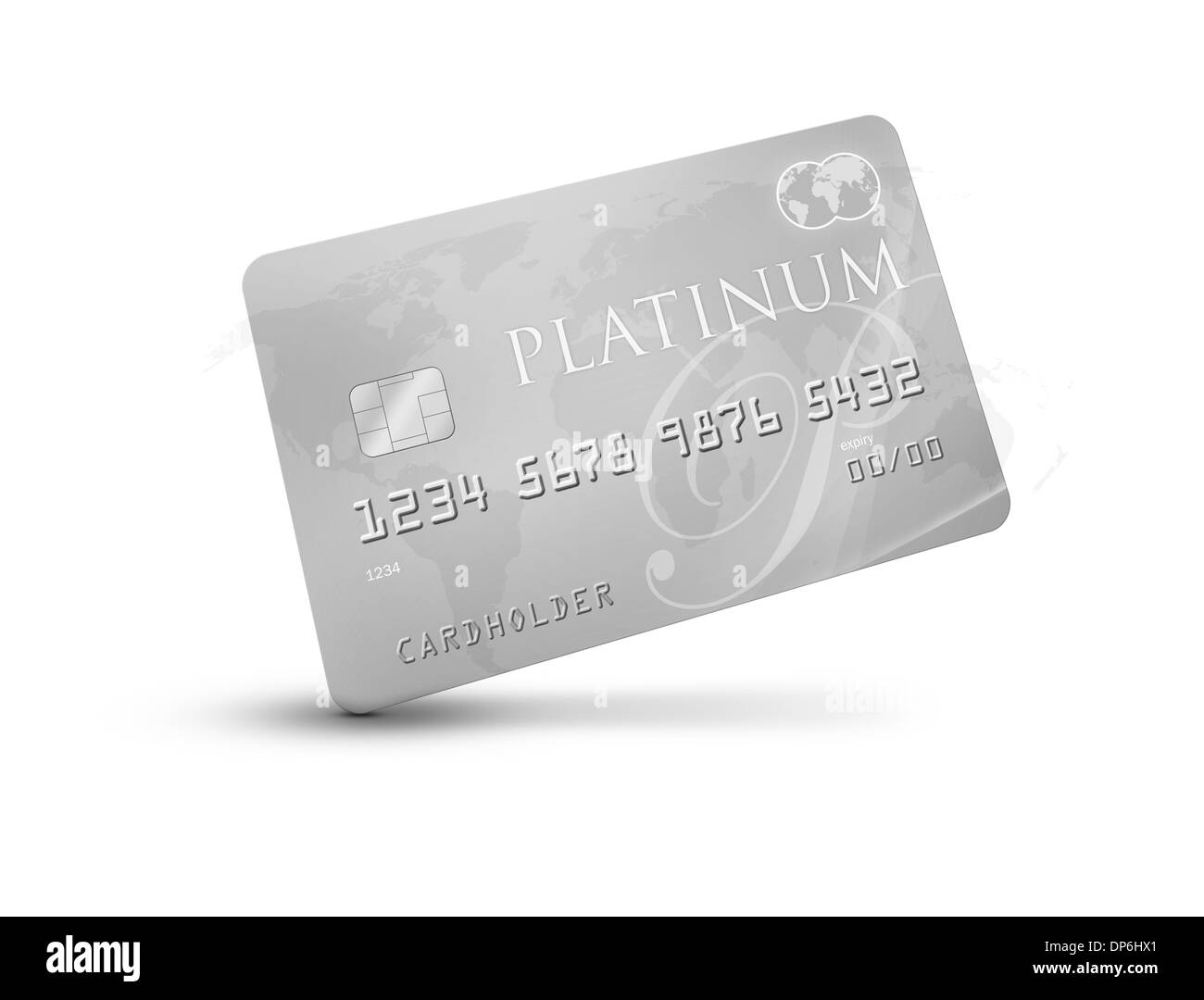 Carte de crédit/débit Platinum avec carte du monde dans l'arrière-plan avec les couleurs argent/gris debout sur son coin représentant un riche Banque D'Images
