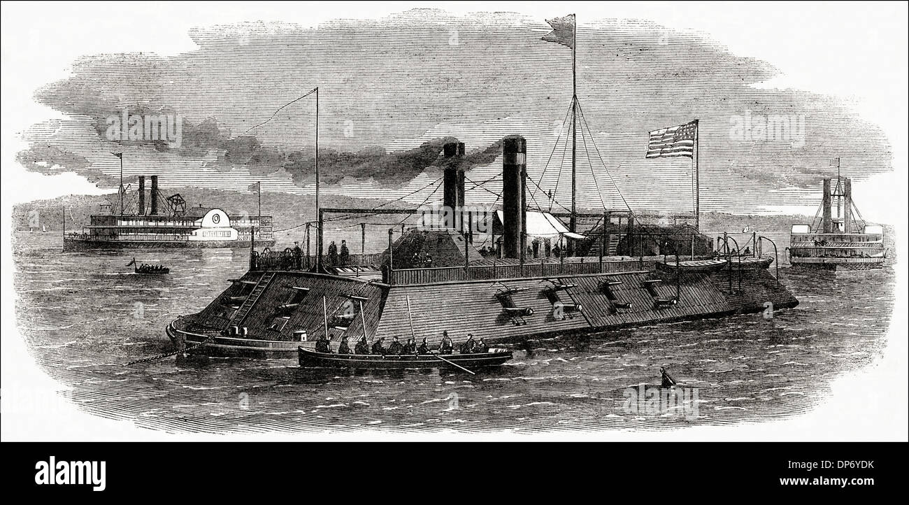 Guerre civile américaine 1861 - 1865 bateau-fédéral des armes à feu sur le fleuve Mississippi. La gravure sur bois victorien vers 1862 Banque D'Images