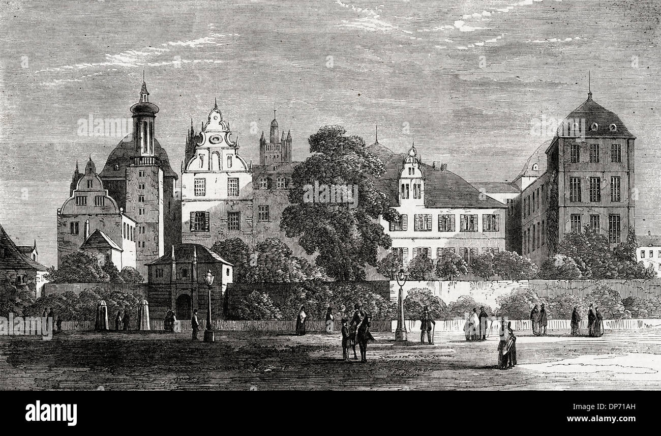Le Schloss ou Palais grand-ducal à la Darmstadt Hesse en Allemagne. La gravure sur bois victorien vers 1862 Banque D'Images