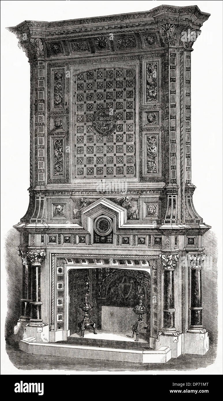 Par chimneypiece bibliothèque Trollope et fils à la grande exposition International Exhibition Road Kensington Londres Angleterre Royaume-uni. La gravure sur bois victorien vers 1862 Banque D'Images