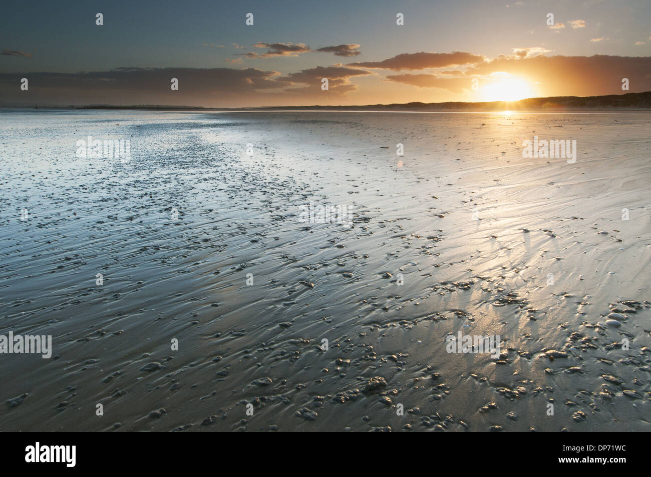 Vue sur plage de sable à marée basse au coucher du soleil, Camber Sands, East Sussex, Angleterre, juin Banque D'Images