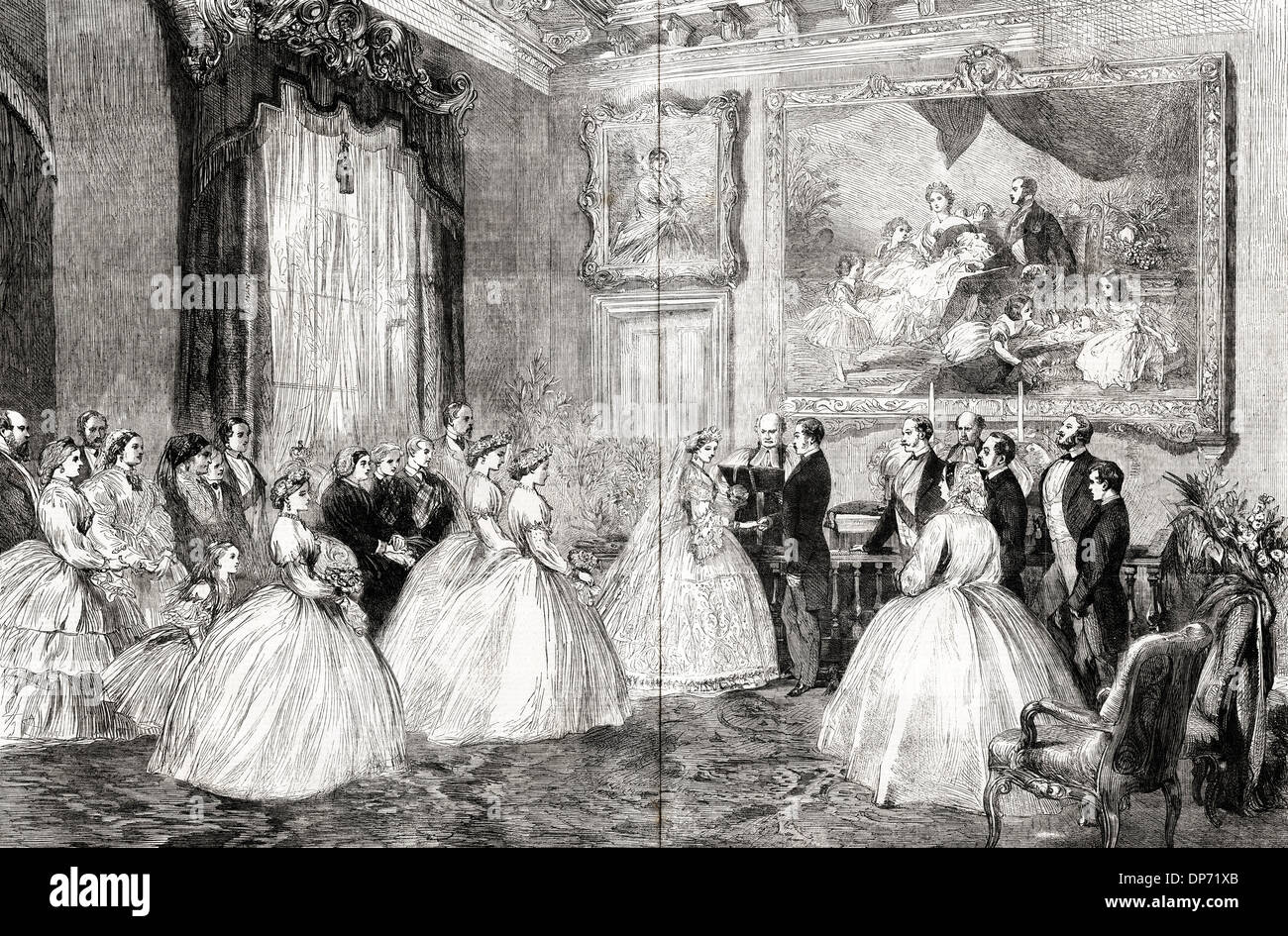 Cérémonie de mariage de la princesse Alice et le Prince Louis de Hesse dans la salle à manger d'Osborne House Isle of Wight. La gravure sur bois victorien vers 1862 double page Banque D'Images