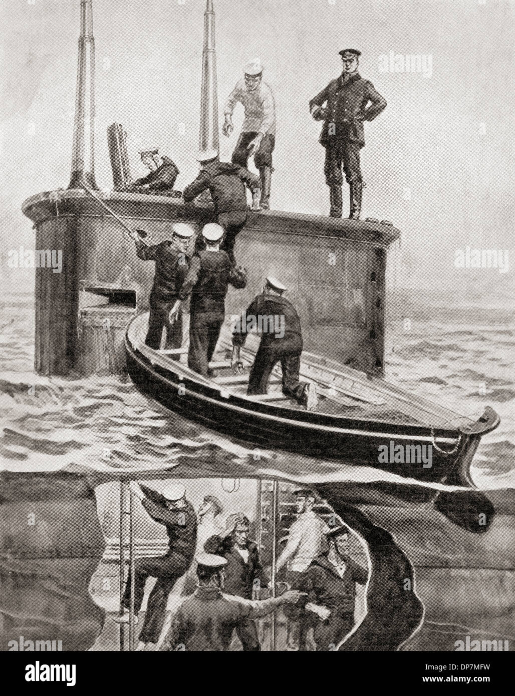 Les survivants du destroyer Allemand V184 sont secourus par le sous-marin britannique E4 après la bataille de Heligoland Bight, 28 Août Banque D'Images