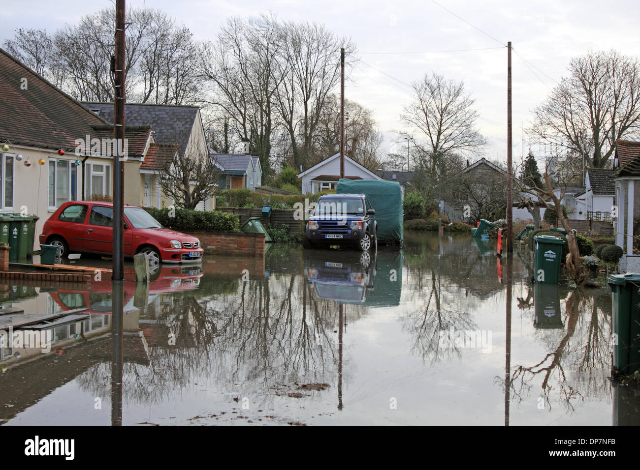 Willow Way, Sunbury-on-Thames, Surrey, Angleterre, Royaume-Uni. 8 janvier 2014. Comme le mauvais temps continue d'apporter de fortes pluies dans l'ensemble de l'Angleterre la Tamise a inondé à Lower Sunbury. L'Agence de l'Environnement a publié plus d'avertissements d'inondations pour la Tamise ce soir de Staines à Hampton Court. Aujourd'hui, la montée des eaux avaient envahi la rue et des habitations à Willow. Credit : Julia Gavin/Alamy Live News Banque D'Images