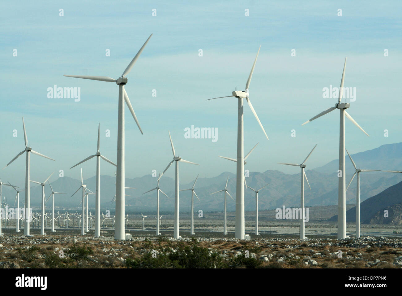 Nov 26, 2006 ; Cabazon, CA, USA ; produire de l'électricité des éoliennes à San Gorgonio près de Palm Spring en Californie. L'énergie éolienne est l'énergie cinétique du vent, ou l'extraction de cette énergie par les éoliennes. En 2004, l'énergie éolienne est devenu le moins cher sous forme de nouvelles sources de production, passent sous le coût par kilowatt-heure de centrales au charbon. L'énergie éolienne se développe plus rapidement que toute autre forme d'o Banque D'Images