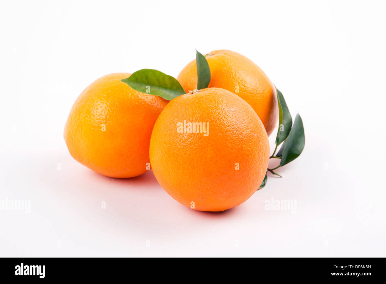 Les oranges fraîches avec des feuilles sur un fond blanc. Banque D'Images