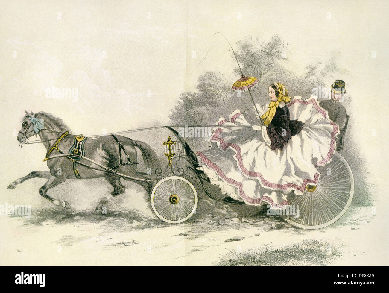 19e siècle dame portant une crinoline et conduire un cheval et landau. Banque D'Images