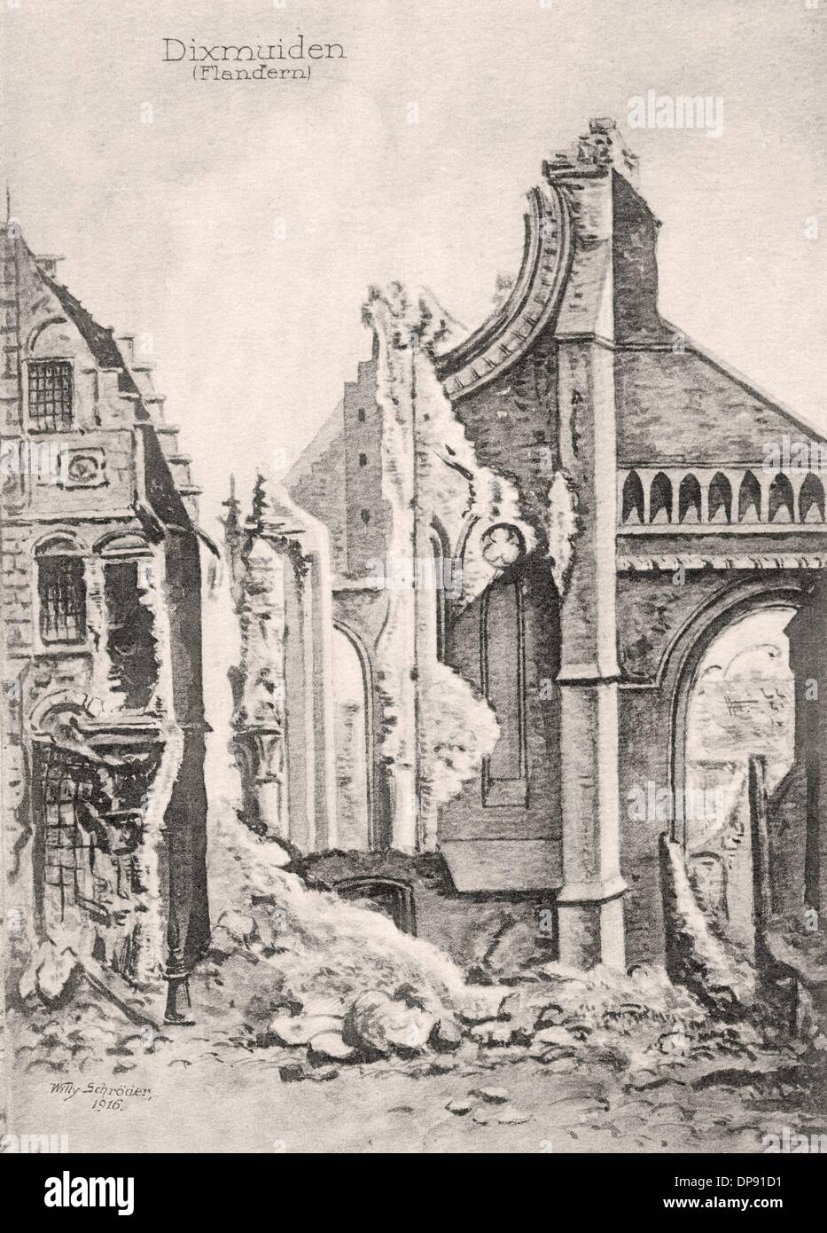 Une carte postale allemande datant de la première Guerre mondiale montre des bâtiments détruits à Diksmuide en Flandre Occidentale, Belgique, en 1915. Fotoarchiv für Zeitgeschichte Banque D'Images