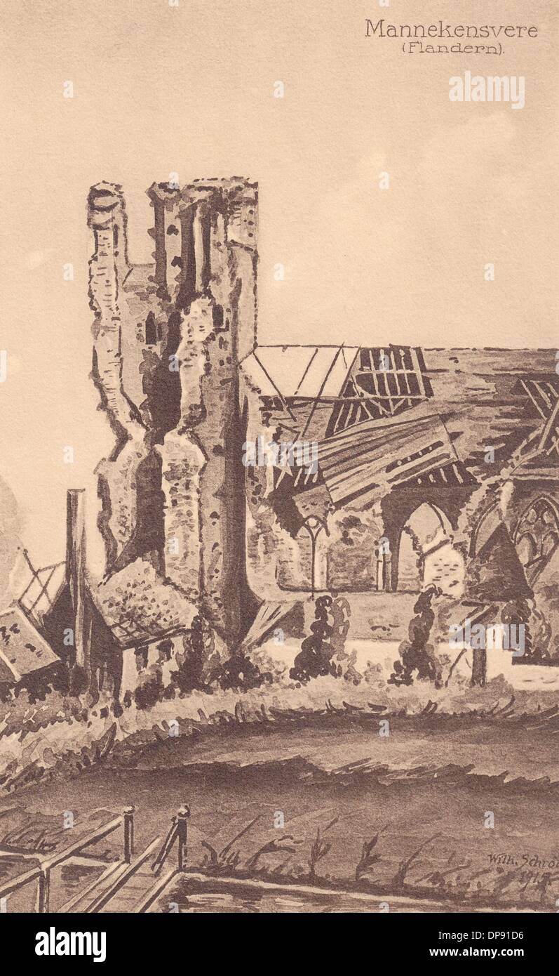 Une carte postale allemande datant de la première Guerre mondiale montre une église détruite à Mannekensvere près de Middelkerke en Flandre Occidentale, Belgique, en 1915. Fotoarchiv für Zeitgeschichte Banque D'Images