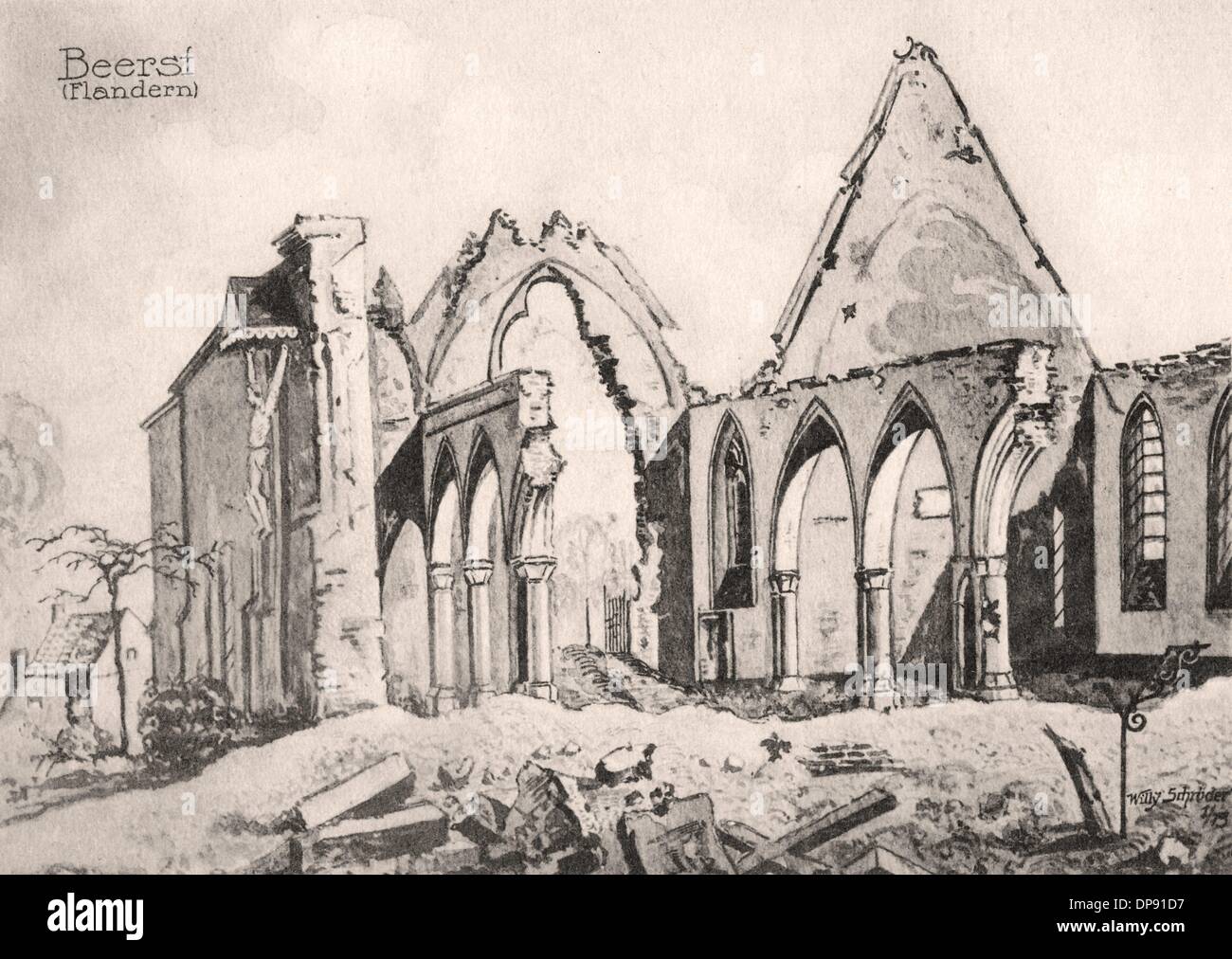 Une carte postale allemande datant de la première Guerre mondiale montre une église détruite à Beerst, près de Diksmuide, en Flandre Occidentale, en Belgique, en 1915. Fotoarchiv für Zeitgeschichte Banque D'Images