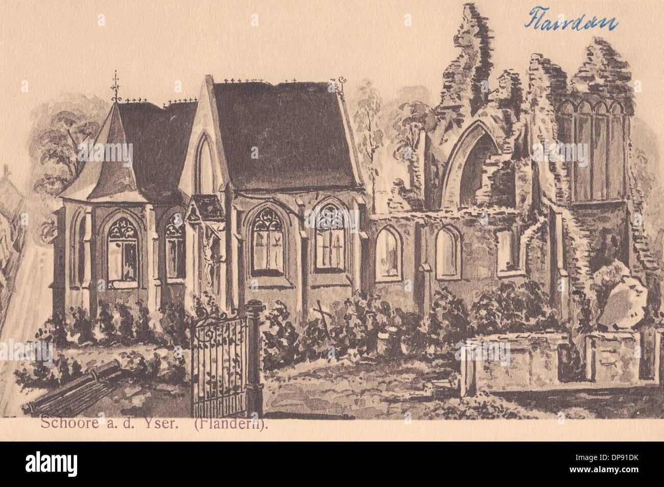 Une carte postale allemande datant de la première Guerre mondiale montre une église détruite à Schore, sur la rivière Yser, près de Middelkerke, en Flandre Occidentale, en Belgique, en 1915. Fotoarchiv für Zeitgeschichte Banque D'Images