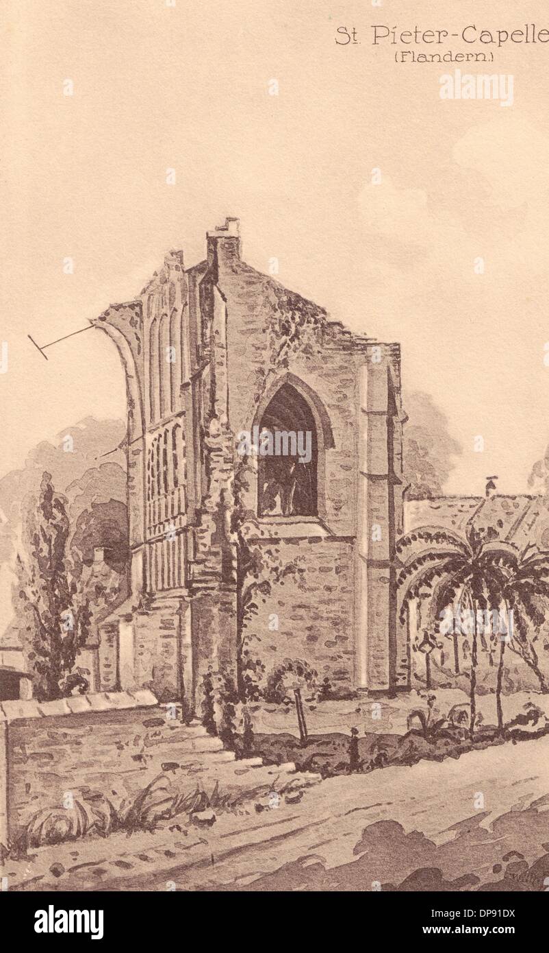 Une carte postale allemande datant de la première Guerre mondiale montre une église détruite à Sint-Pieters-Kapelle près de Diksmuide en Flandre Occidentale, Belgique, en 1915. Fotoarchiv für Zeitgeschichte Banque D'Images