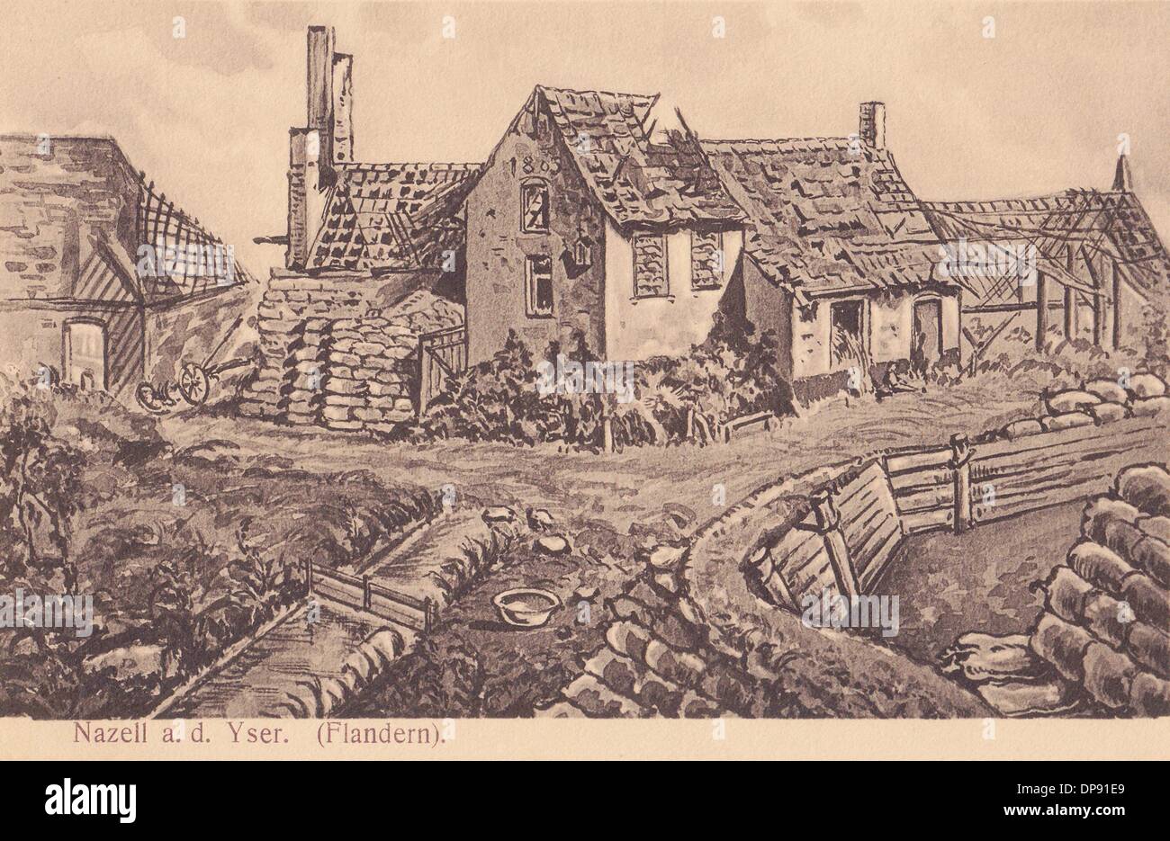 Une carte postale allemande datant de la première Guerre mondiale montre une ferme détruite à Nazell sur le fleuve Yser en Flandre Occidentale, Belgique, en 1915. Fotoarchiv für Zeitgeschichte Banque D'Images