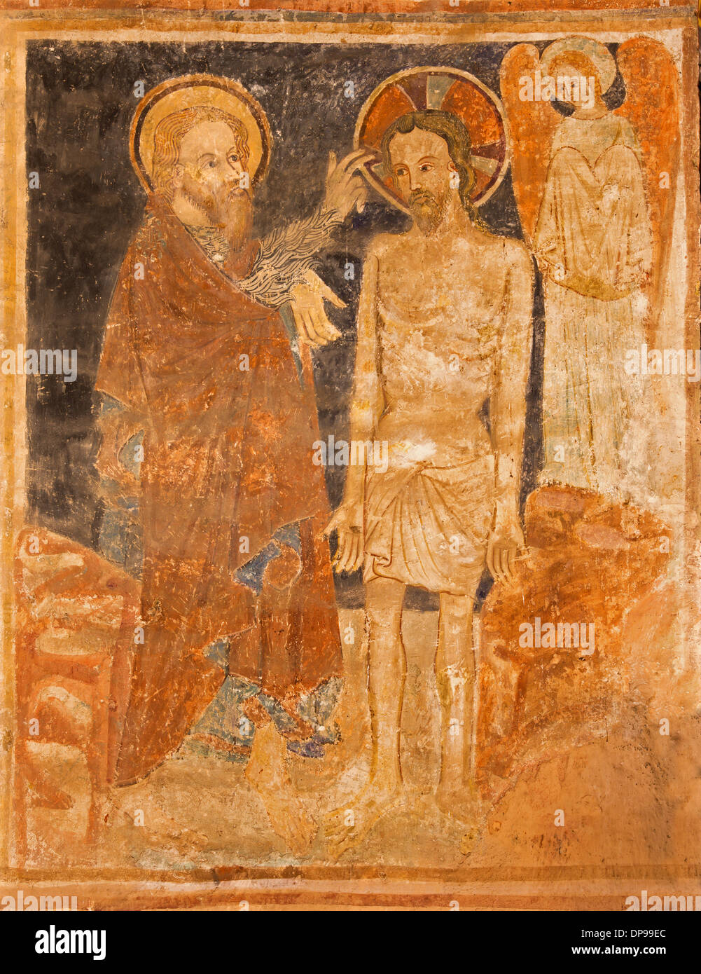 STITNIK - 29 DÉCEMBRE : fresque médiévale du Baptême du Christ dans l'église évangélique gothique dans Stitnik Banque D'Images