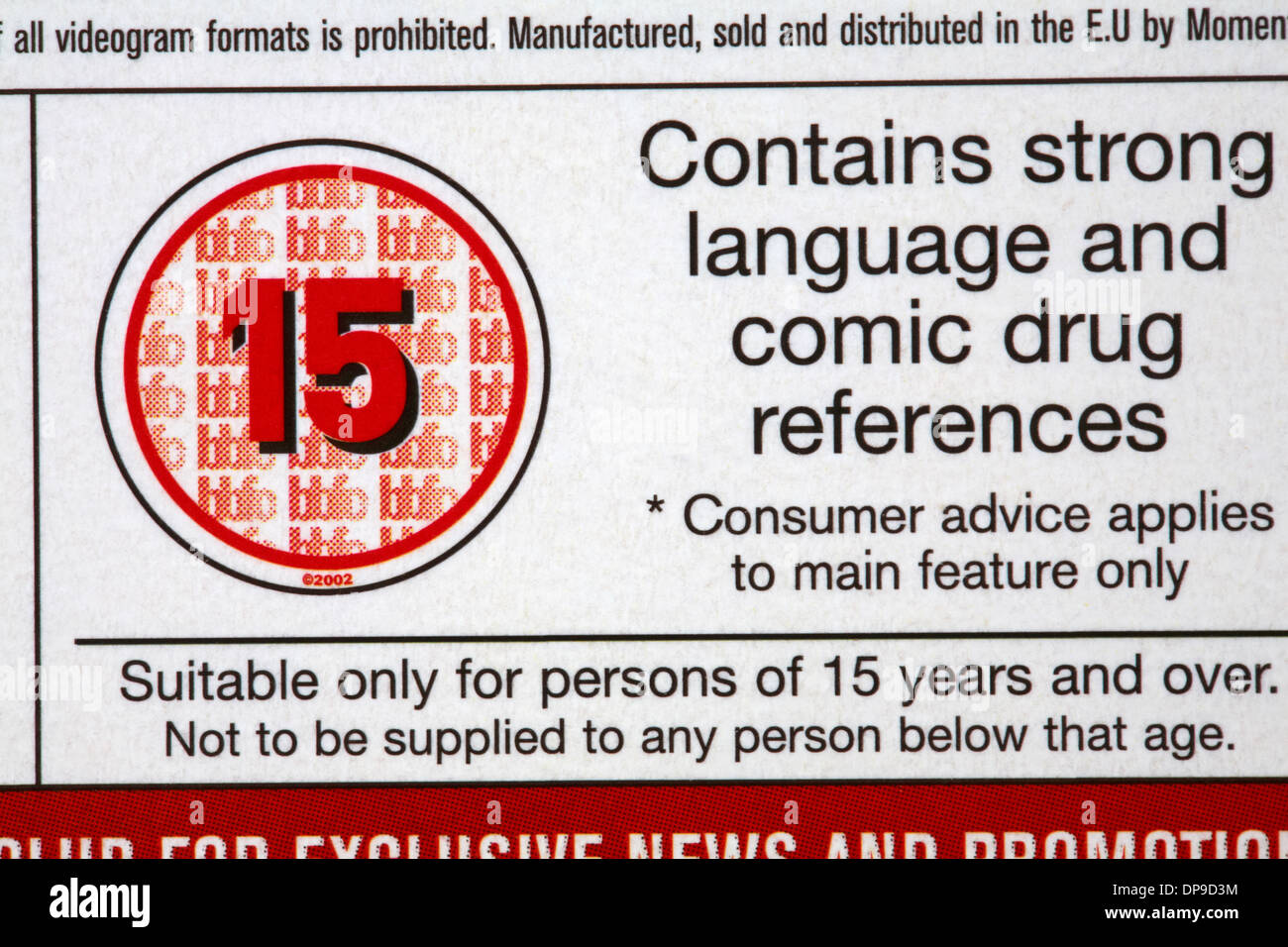 15 note sur le boîtier du DVD - contient des termes forts et des références à la drogue de la bande dessinée s'applique aux conseils de consommation principale caractéristique seulement Banque D'Images