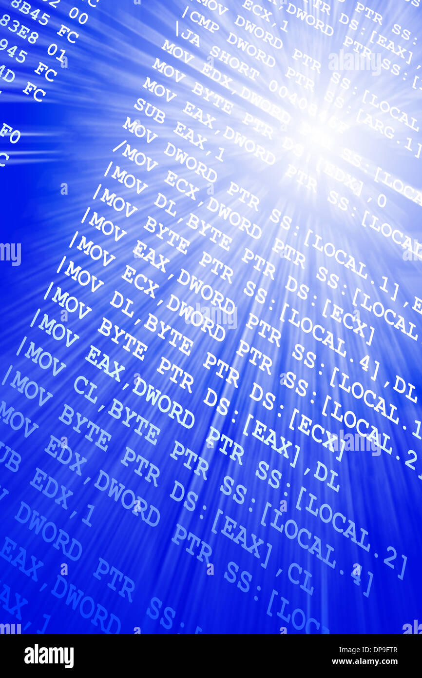 Programme informatique assembleur code source avec les rayons lumineux Banque D'Images