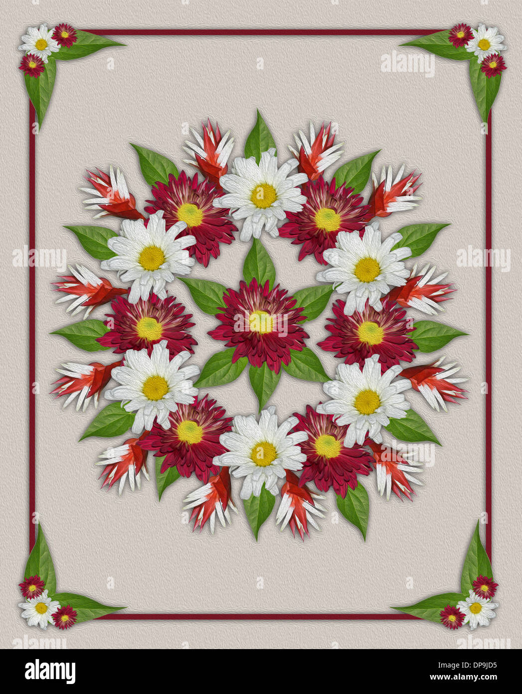 Art floral spectaculaire - conception géométrique avec les fleurs du printemps et de rouge des chrysanthèmes blancs et des feuilles sur fond beige Banque D'Images