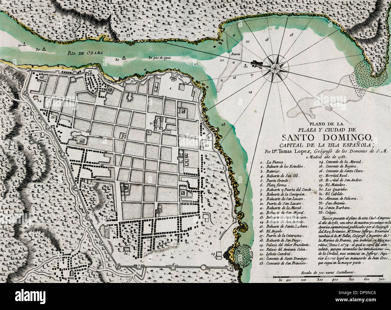 Plan de la place et de la ville de Santo Domingo, capitale de l'île espagnole, Hispaniola 1785 Banque D'Images