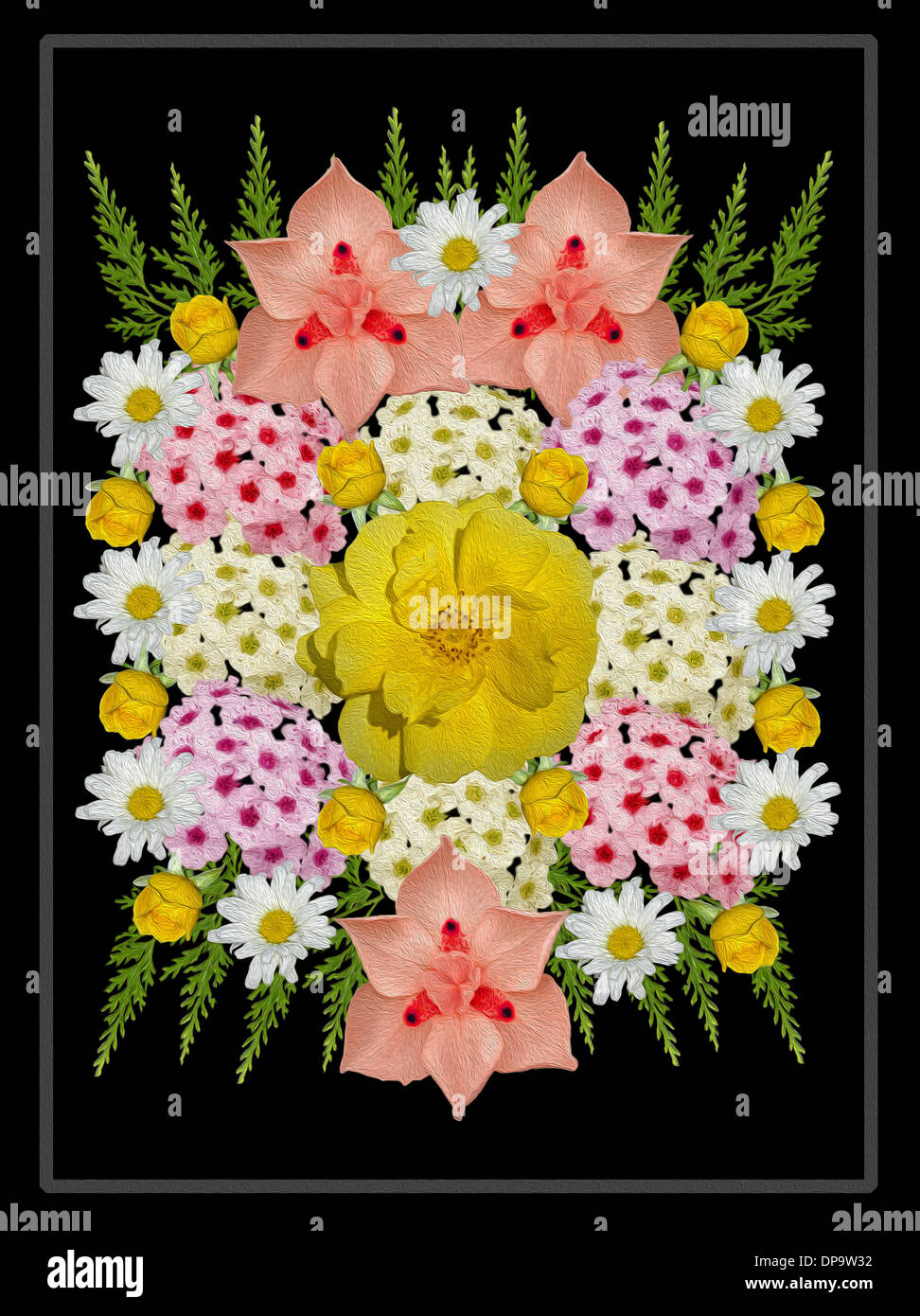 Art floral spectaculaire avec fleurs de printemps - marguerites blanches, jaunes roses et autres fleurs d'abricot et rose sur fond noir Banque D'Images