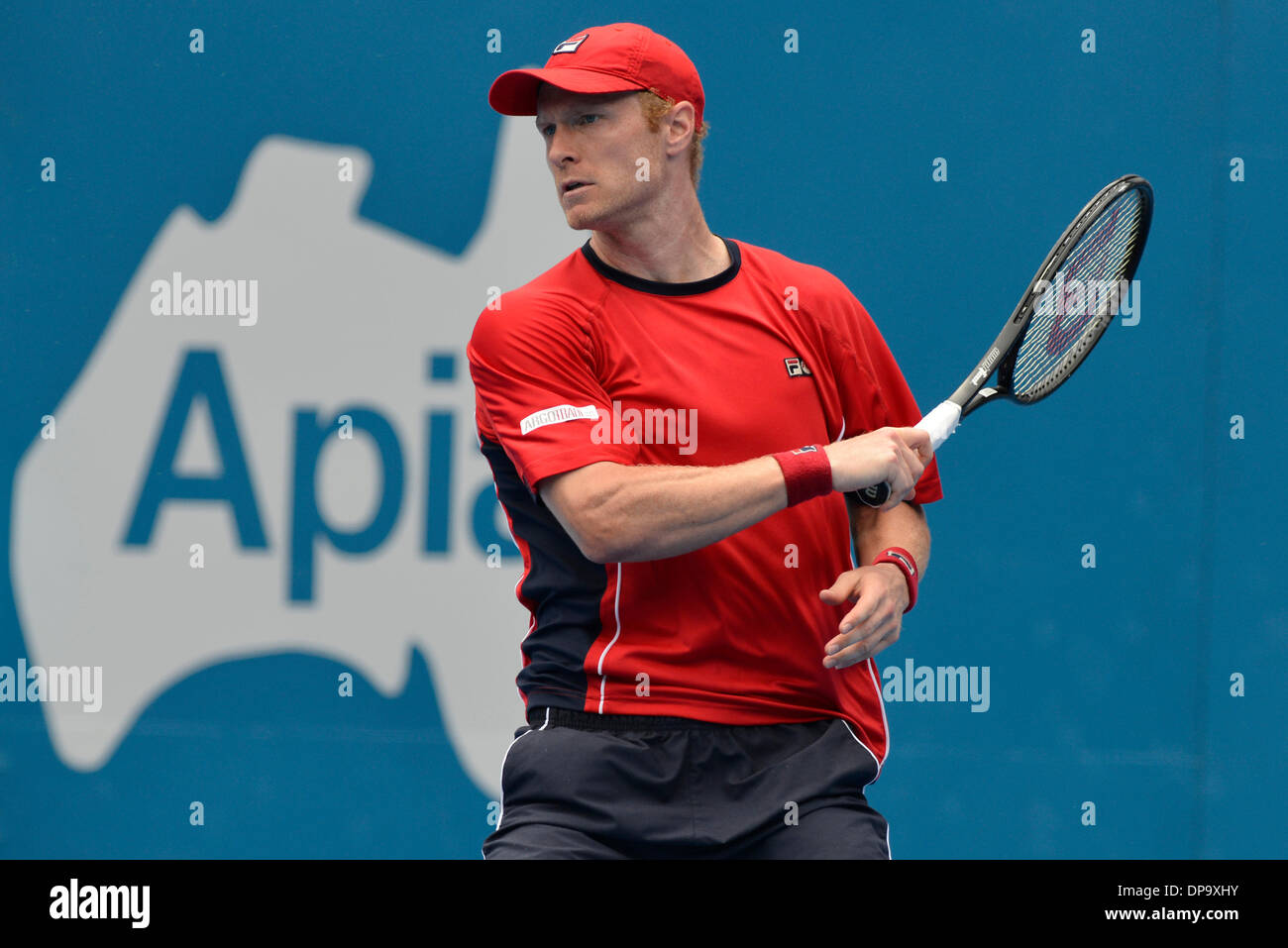 Sydney, Australie. 10 janvier, 2014. Dmitry Tursunov en provenance de Russie en action contre Juan Martin del Potro, de l'Argentine lors de leur match de demi-finale au tournoi de tennis de Sydney International Apia , série ouverte, au centre de tennis du Parc olympique de Sydney, Homebush : © Action Plus de Sports/Alamy Live News Banque D'Images