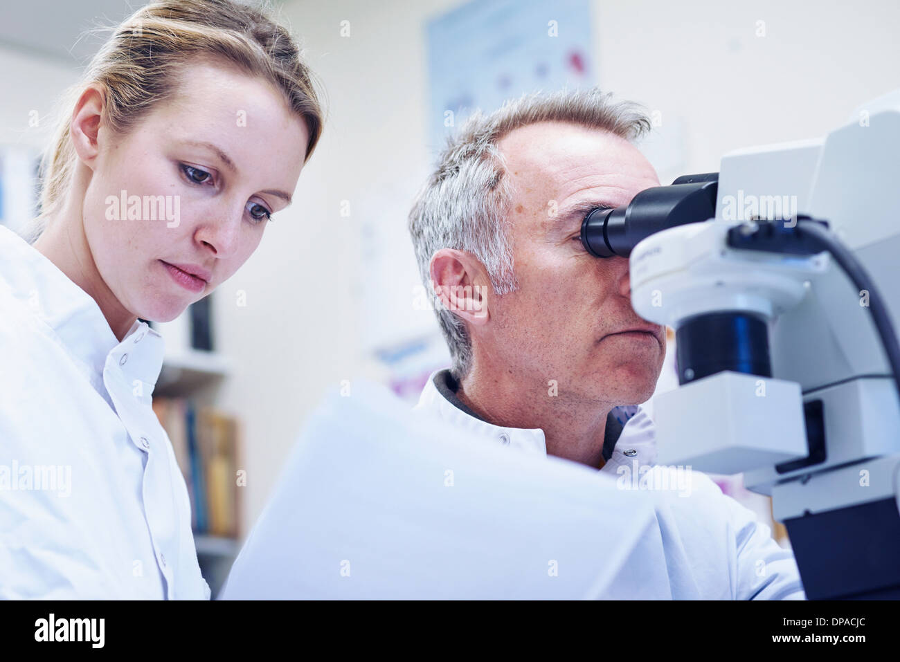 Man looking through microscope, woman looking at paperwork Banque D'Images