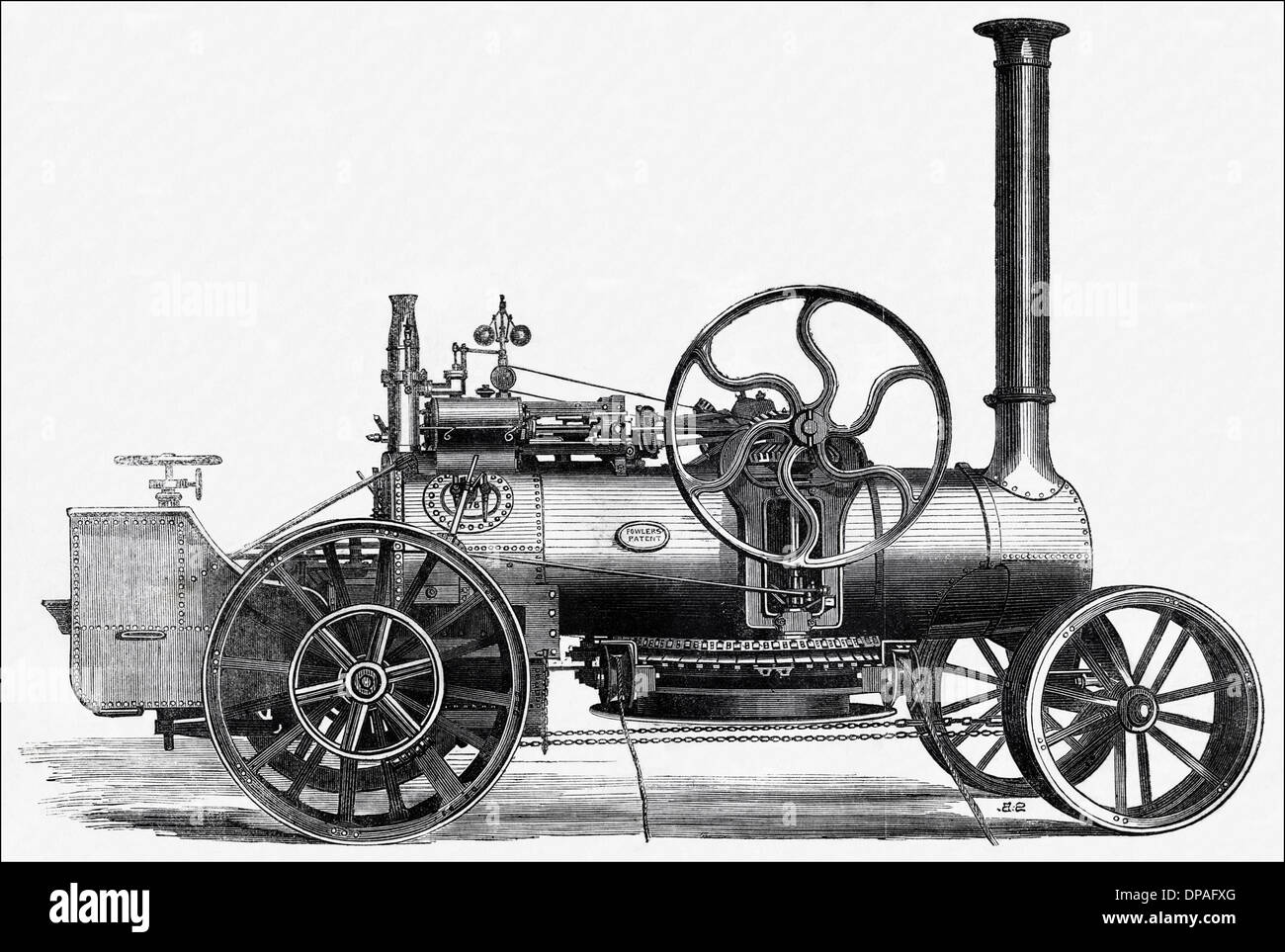 Fowler's patent steam engine & treuil à vapeur pour le labour. La gravure sur bois victorien vers 1862 Banque D'Images