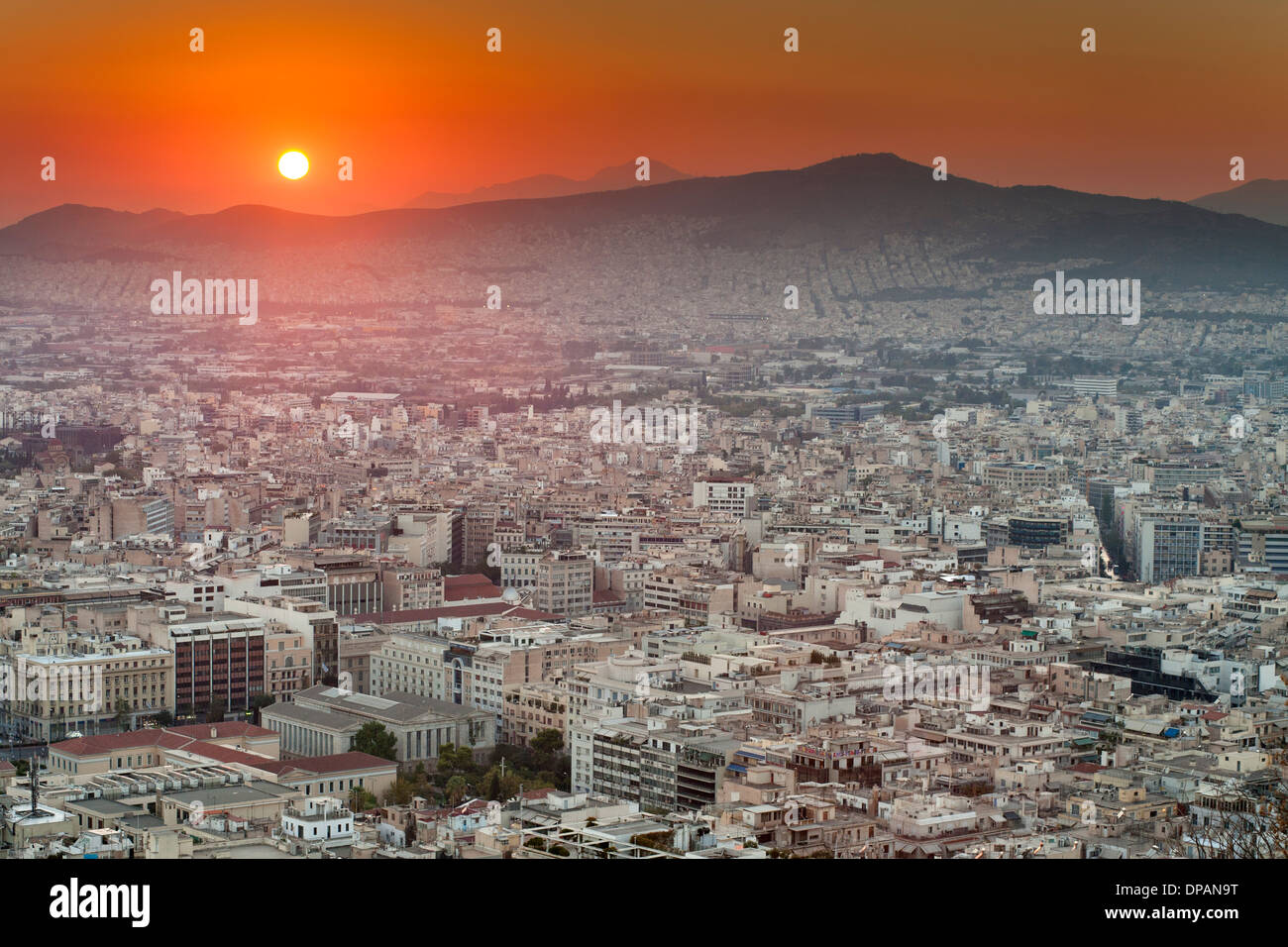 Coucher de soleil sur Athènes, la capitale de la Grèce. Banque D'Images
