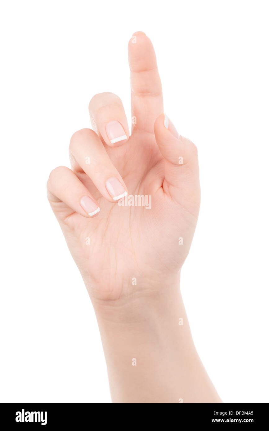 Main de femme magnifique s'est tourné vers le spectateur est touchant ou pointing, isolé sur fond blanc Banque D'Images