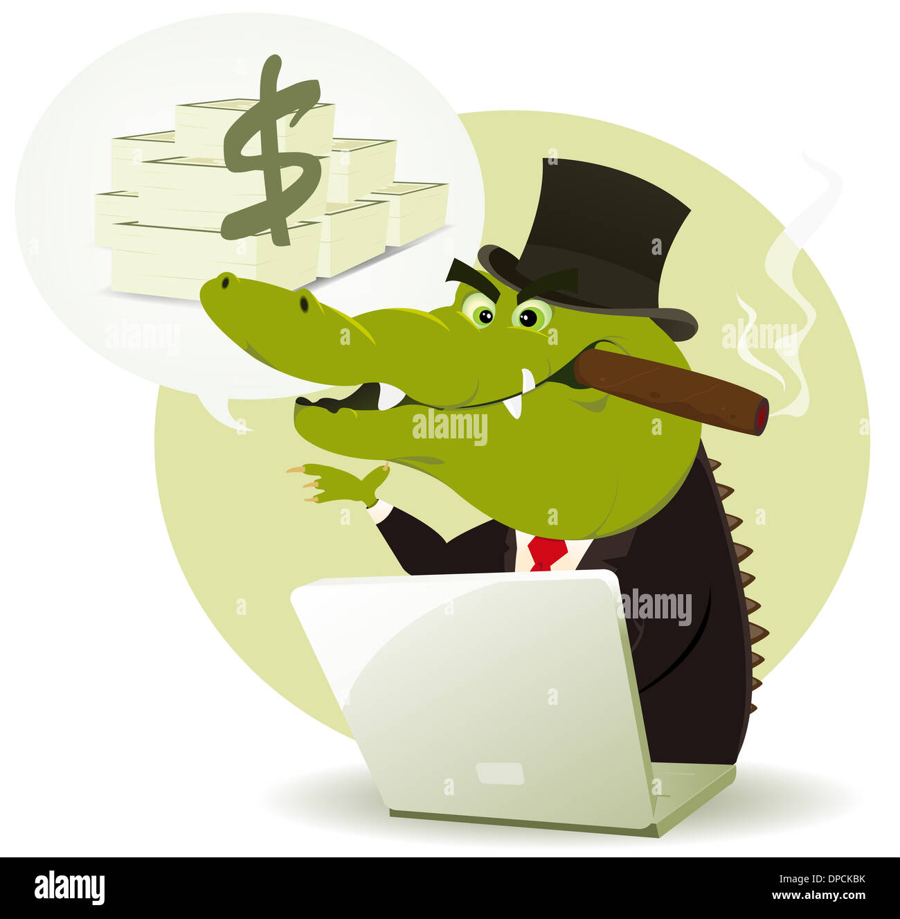 Illustration d'un funny cartoon crocodile crook trader achète et vend beaucoup d'argent et prometteuses Banque D'Images